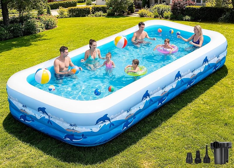 Large Inflatable Swimming Pool for Adults & Kids – 145”x76”x22” Family Backyard Pool with Electric Pump, Heavy Duty PVC Water Party Outdoor Playset