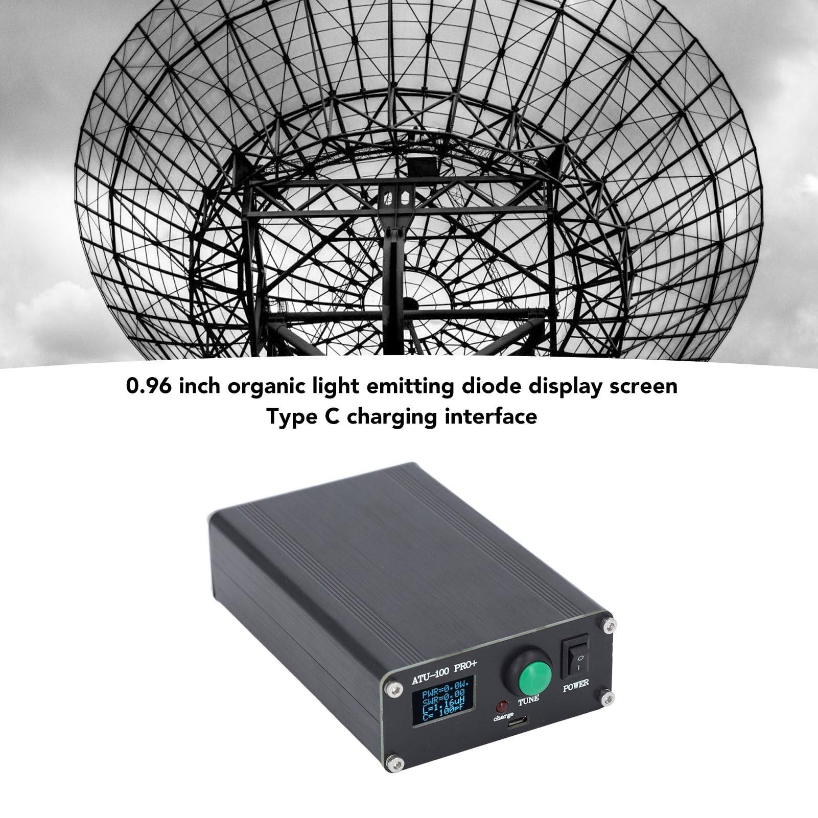 Sintonizzatore Automatico ATU 100 Pro+ per Antenna con Display 0,96 Pollici Ricarica USB Lega di Alluminio e Condensatore SMD per Apparecchiature Radio