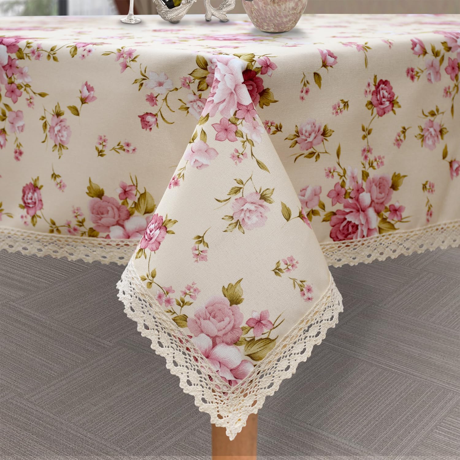 Floral Print Rectangle Tablecloth 60 x 84 Inch Stain Resistant and Waterproof Wine Table Cover for Kitchen Dining Indoor Outdoor Buffet Tabletop Decoration (Beige Background & Mauve Flowers)