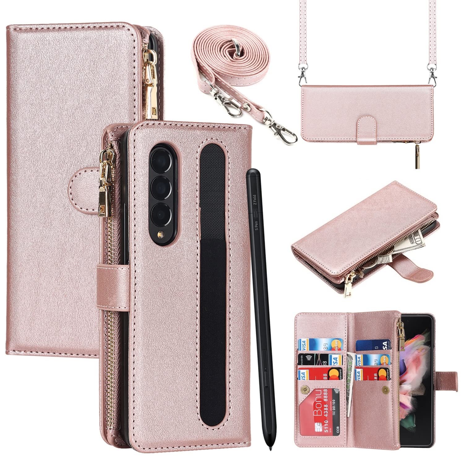 iCoverCase for Samsung Galaxy Z Fold 3 5G Wallet Case with Card Holder, PU Leather Case with S Pen Holder Adjustable Crossbody Lanyard Magnetic Clasp Zipper Pocket Flip Cover (Rose Gold)