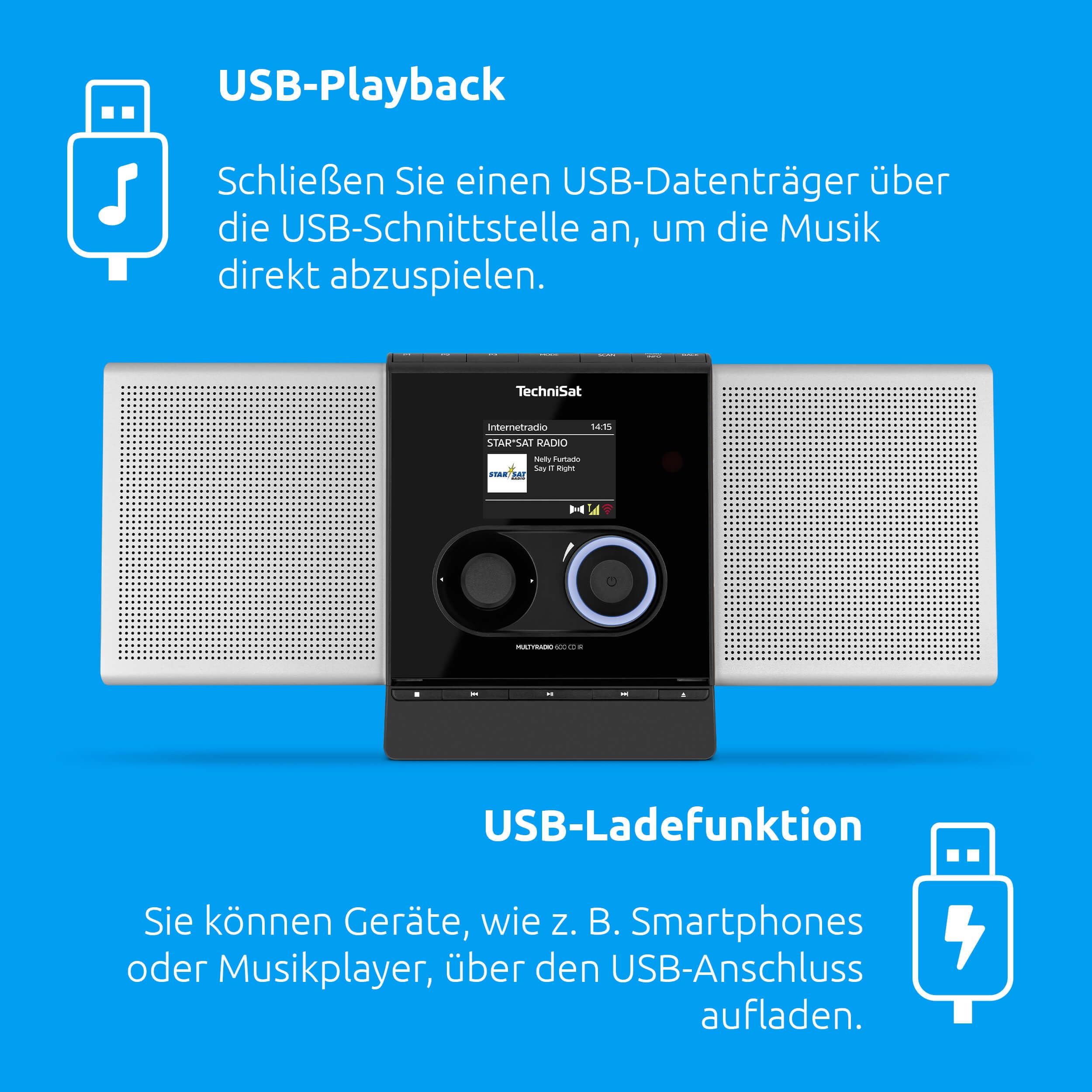 TechniSat MULTYRADIO 600 CD IR - Internetradio (Kompaktanlage, WLAN Radio, DAB+, UKW, Spotify, Bluetooth, CD-Player, USB, Farbdisplay, App-Steuerung, Fernbedienung, 40 Watt Stereo) Silber/schwarz