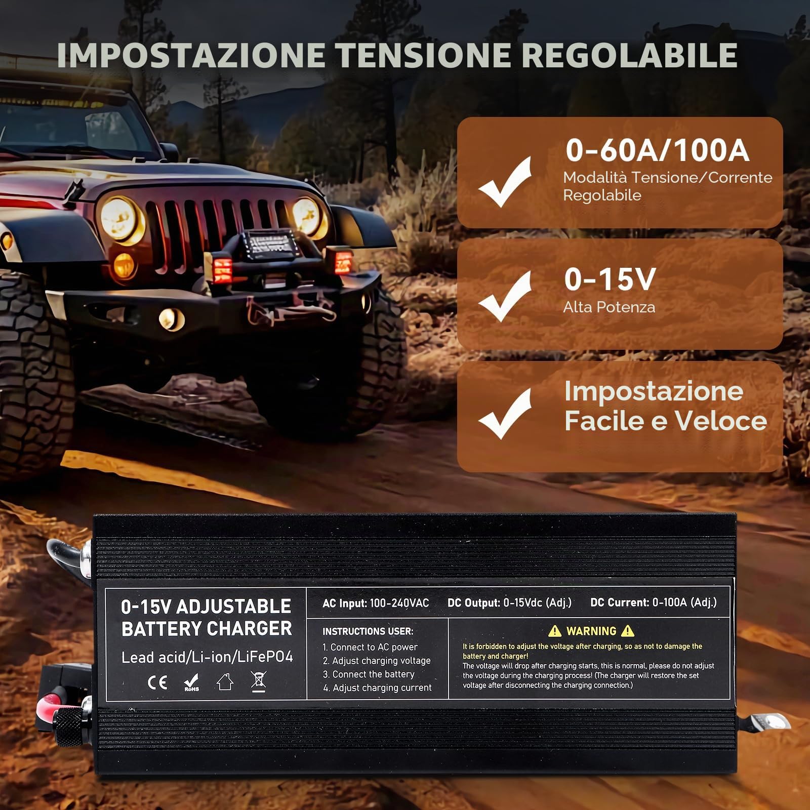 Caricabatterie LiFePO4 14.6V 100A con Display Intelligente, Regolabile 0-15V/0-100A, Protezione Inversione Polarità, Ricarica Rapida per Batterie Litio 12V/14V