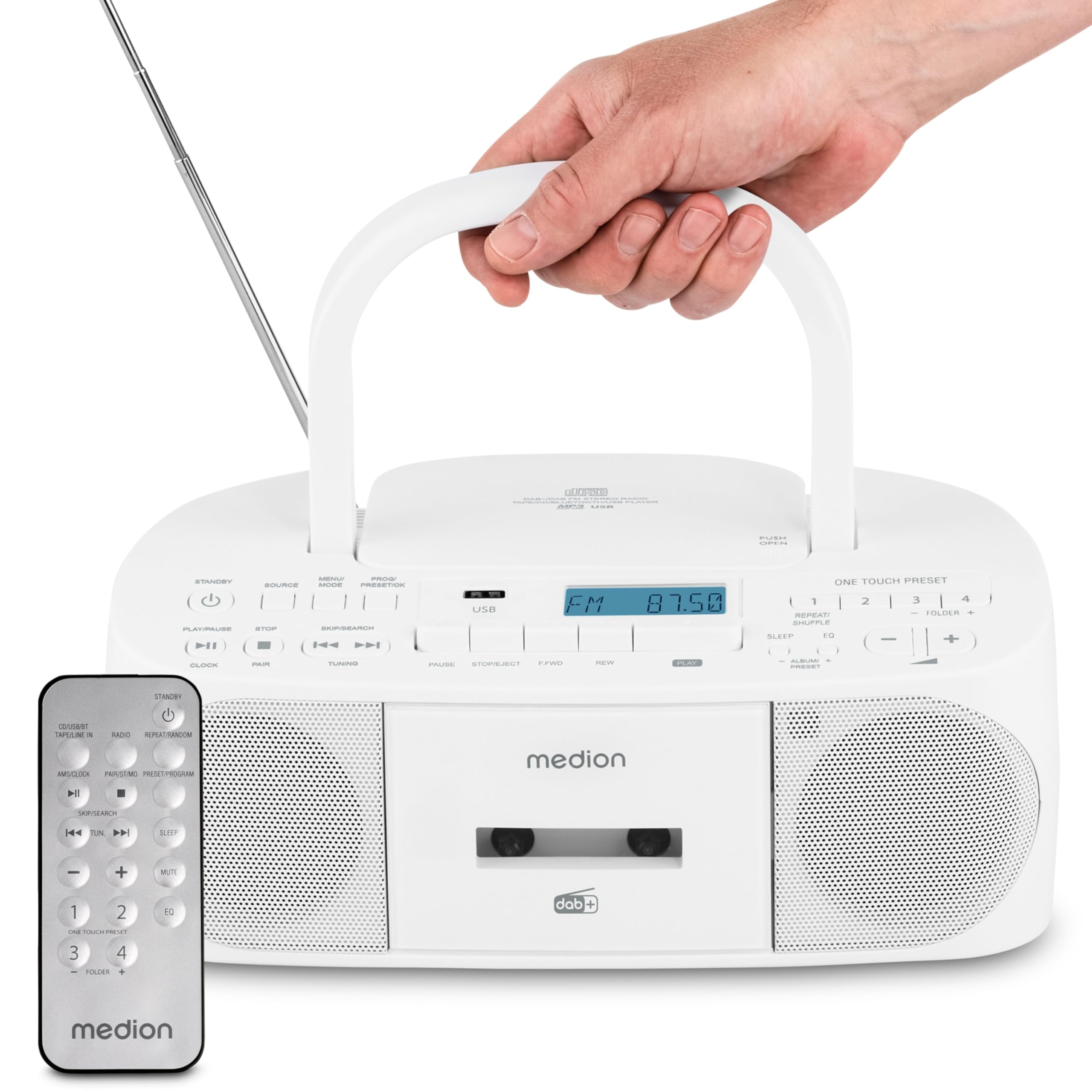 MEDION DRX-1 Plus Boombox (tragbares DAB+ UKW Radio, Bluetooth, CD-Player, MP3, Kassette, Kopfhöreranschluss, Stereo Sound System, AUX, Netz & Batterie) weiß