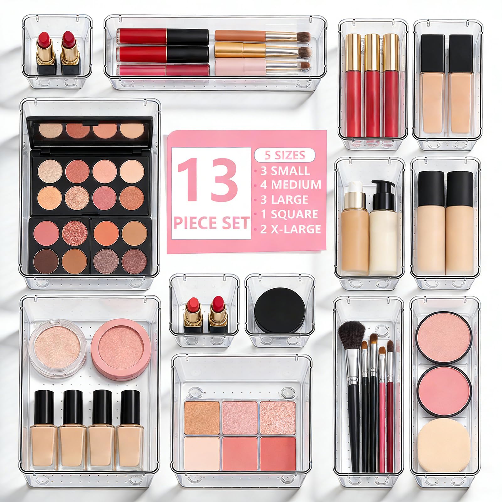 Asnews 13 Pcs Makeup Drawer Organizer Set, 5 Sizes Versatile Vanity Drawer Organizer for Makeup, Non-Slip Desk Organizer — beauty deal on Shopping With Noya