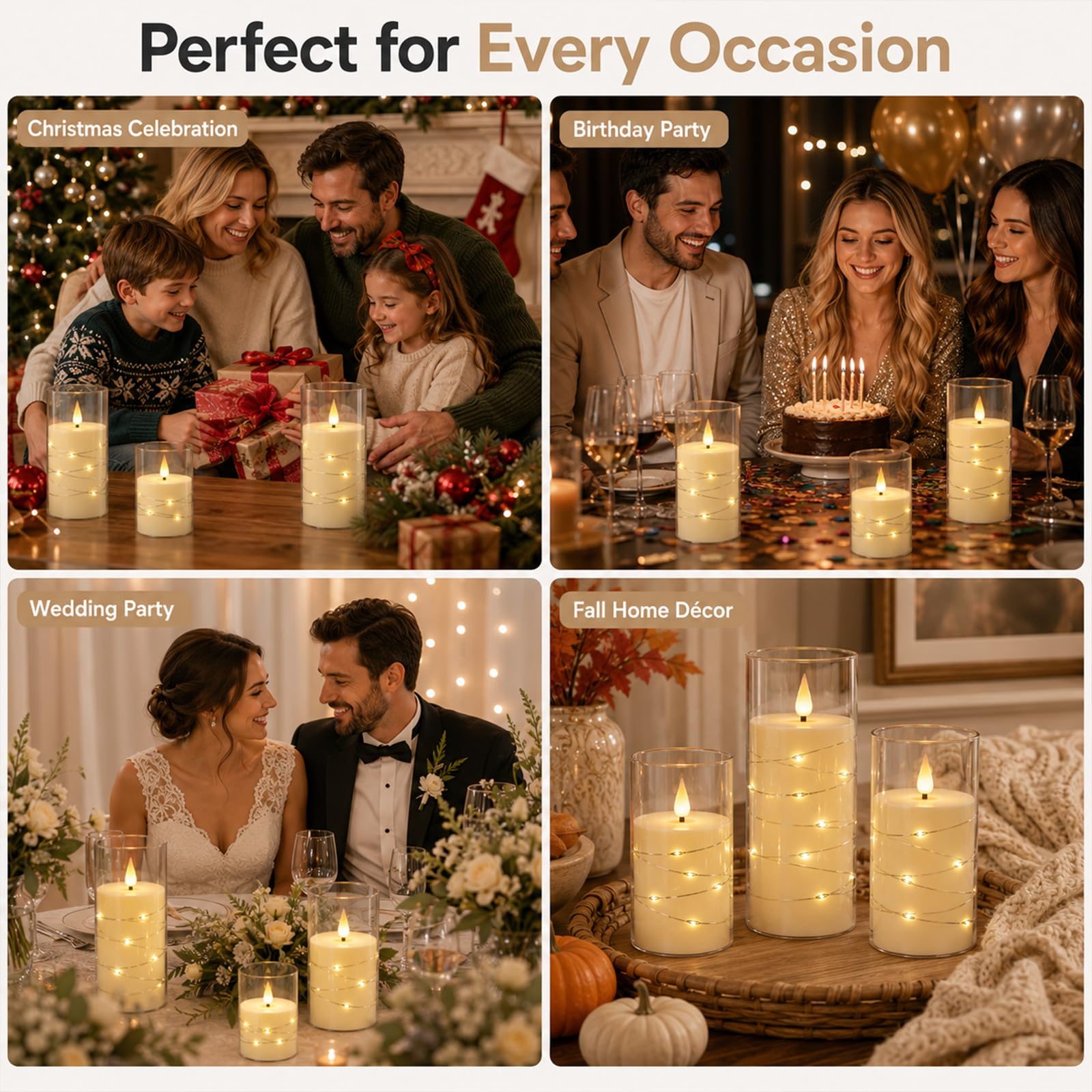 Lot de 3 bougies électriques sans flamme à LED vacillantes avec télécommande et minuteur, à intensité variable en cire véritable à piles, pour maison, mariage, fête, décoration de vacances (ivoire)