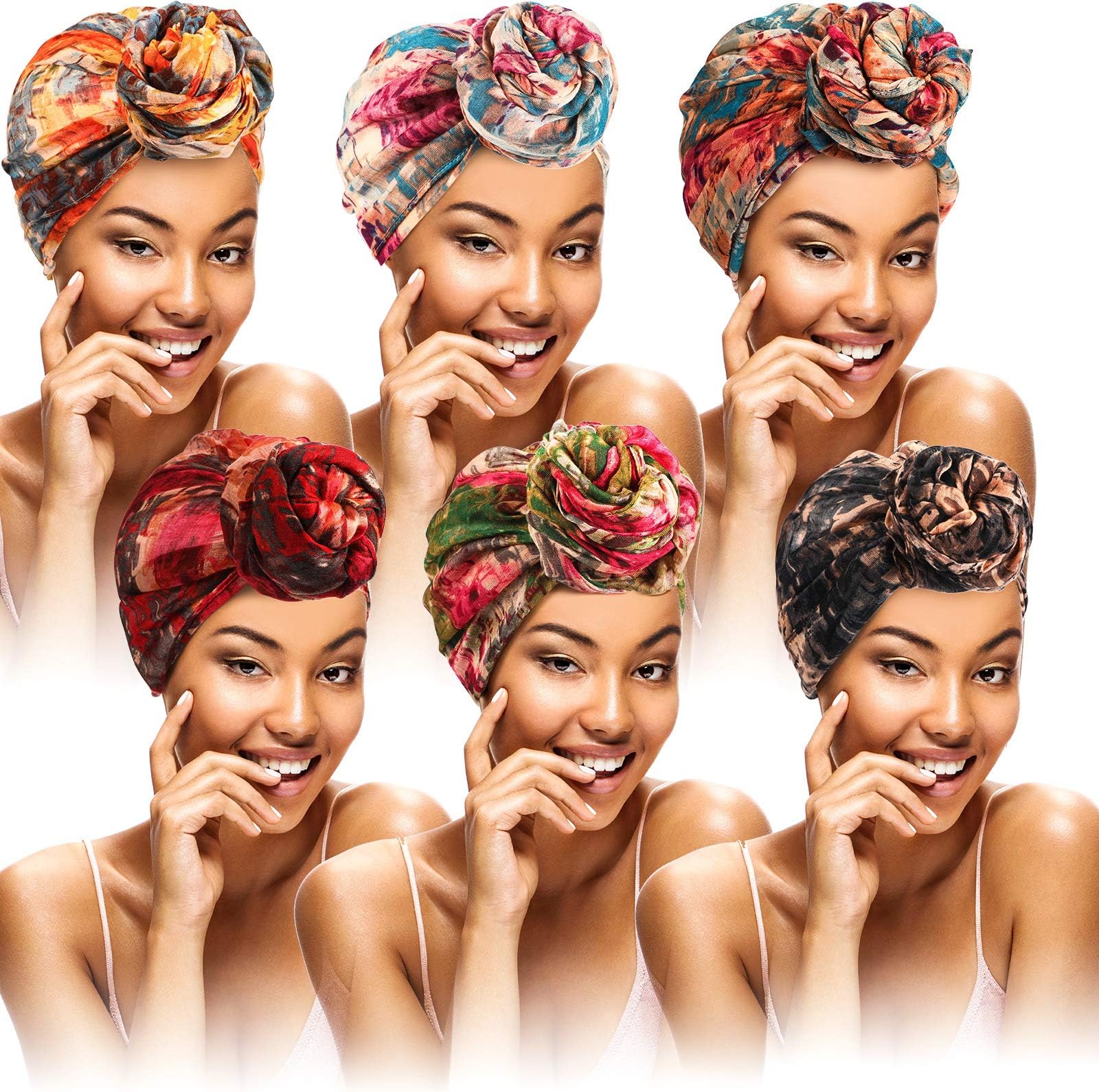 SyhoodAfrican Head Wrap for Women 6 Pieces Turban Headwraps African Tie Dye Hair Wrap India Turban Head Beanie Cover Long Hair Scarf Head Wrap Multicoloured, Multicoloured, fit in adults