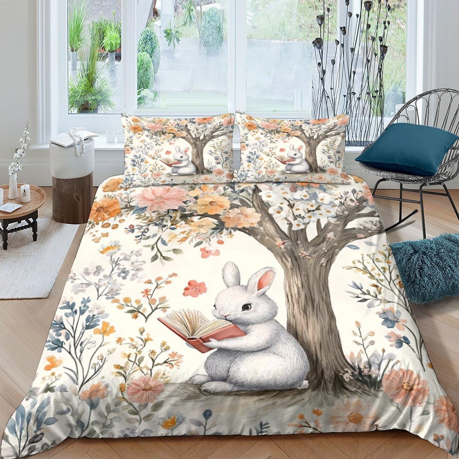 Ctjqhvkz Style-9 3D Printed Reading Rabbit Fitted Sheet Microfiber Animal Tree Bed Cover For Bedroom Dorm Soft Machine Washable Single（135X200cm）
