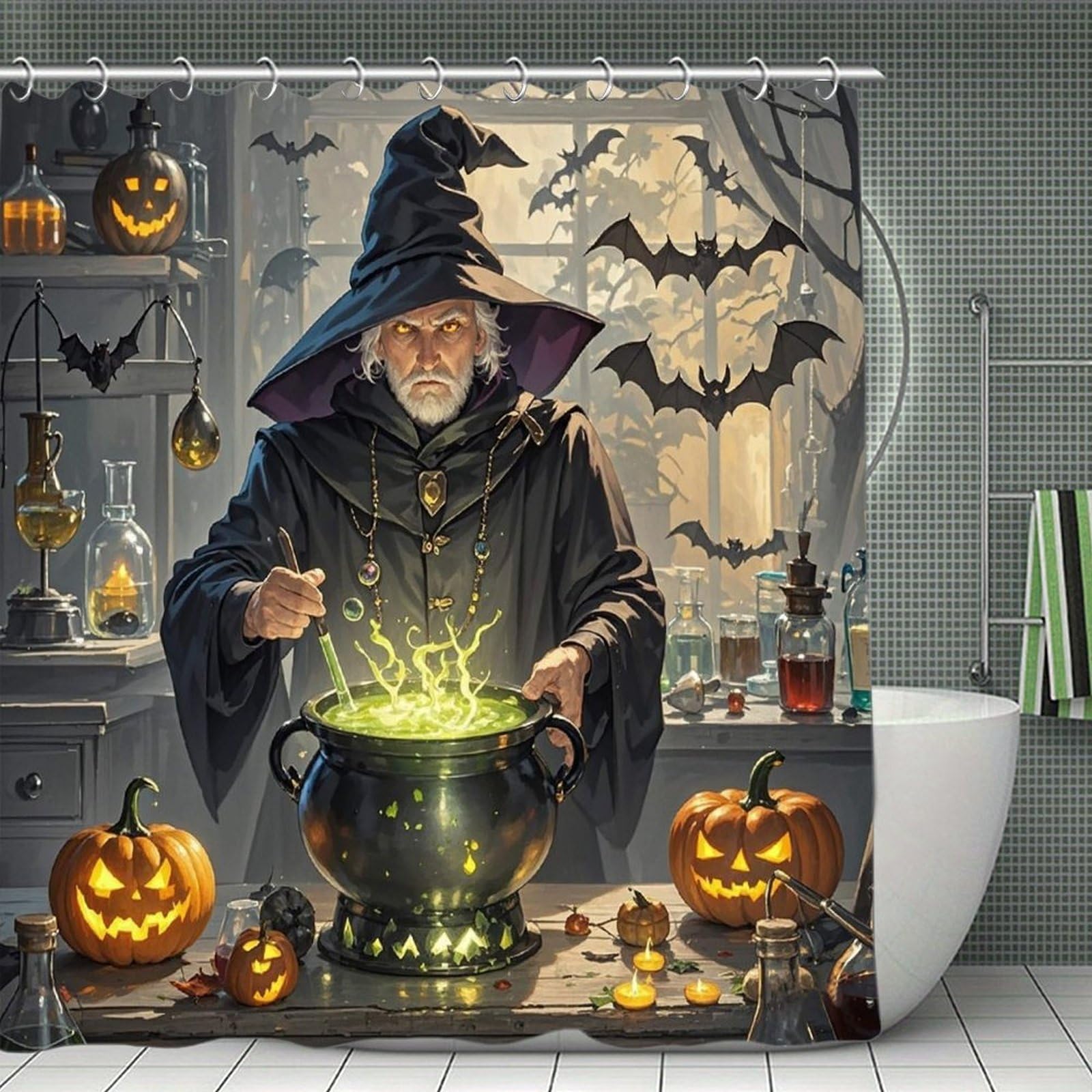FekiLoot Magic Pumpkin Night Shower Curtain with Hooks Modern Farmhouse Bathroom Curtain Waterproof Cloth Bath Curtains Cute Washable Blackout Privacy Curtains for Bathroom Bathtub 70.8"x70.8"