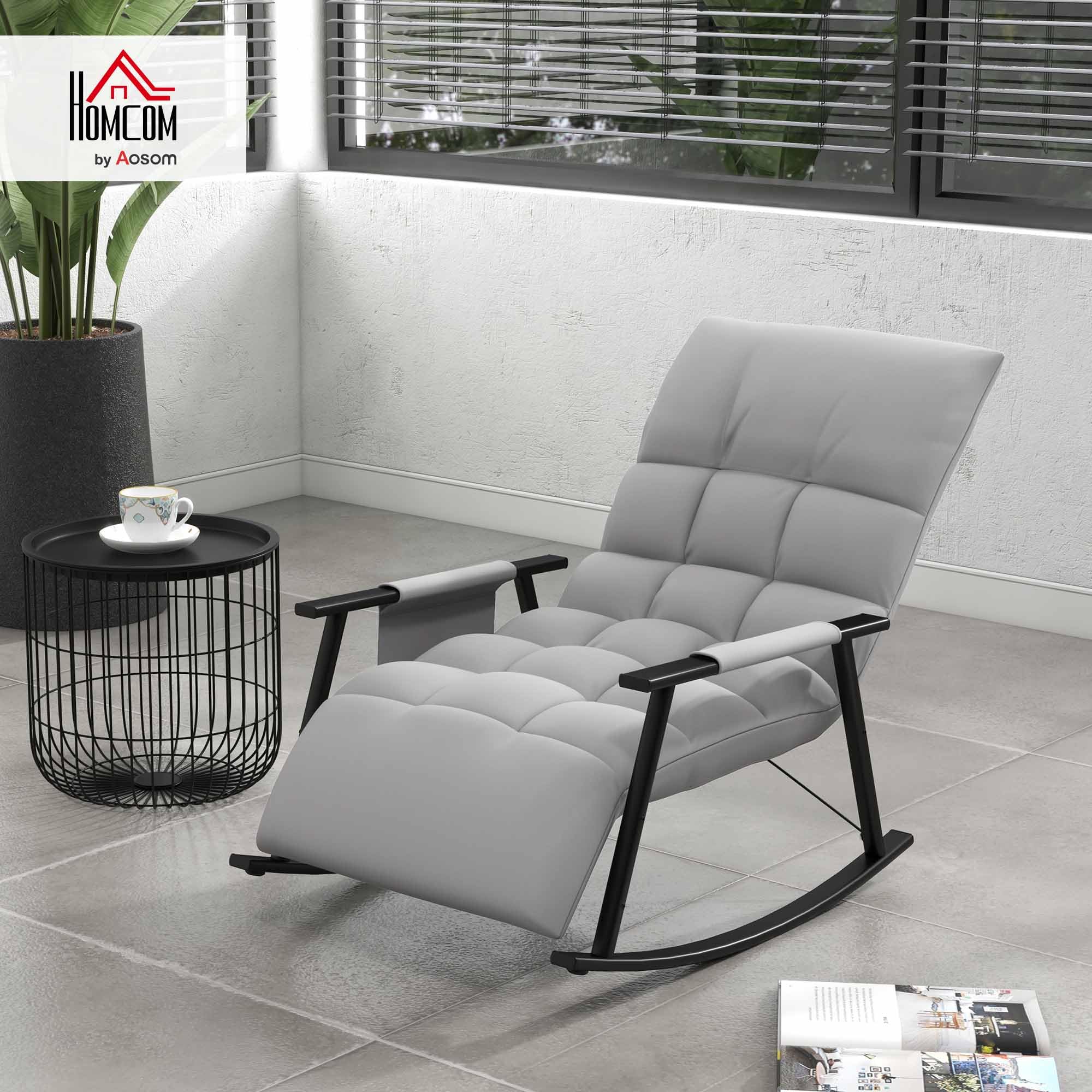 HOMCOM Silla Mecedora con Respaldo y Reposapiés Regulables, Sillón Balancín con Bolsillo, Marco de Acero, Soporta 120 kg, para Salón y Dormitorio, Gris