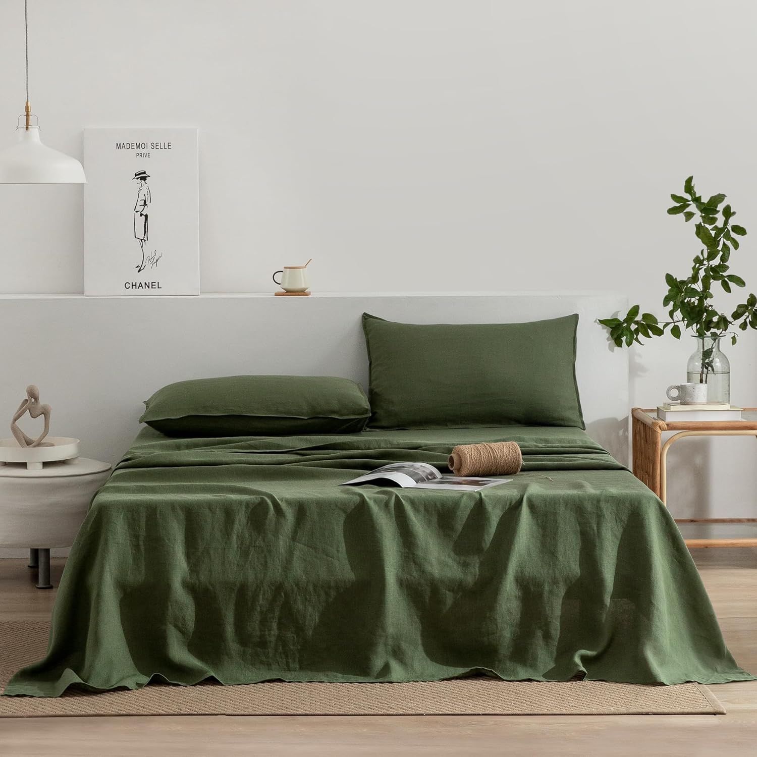 EVERLY Linen Twin Sheets Set, 100% Stonewashed French Linen Bed Sheets Deep Pocket Sheets, 3 Pieces (1 Flat Sheet, 1 Fitted Sheet, 1 Pillowcase) Natural Flax Bedding Set, Mossy Green