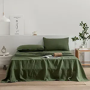 EVERLY Linen California King Size Sheets Set, 100% Stonewashed French Linen Bed Sheets Deep Pocket Sheets, 4 Pieces (1 Flat Sheet, 1 Fitted Sheet, 2 Pillowcases) Natural Flax Bedding Set-Mossy Green