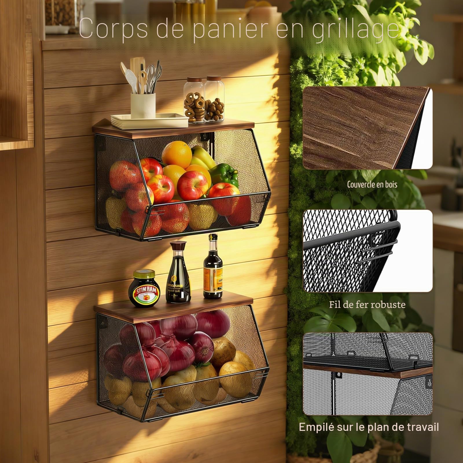Legumier Mural avec Couvercle en Bois, 2 Paniers à Fruits Empilables