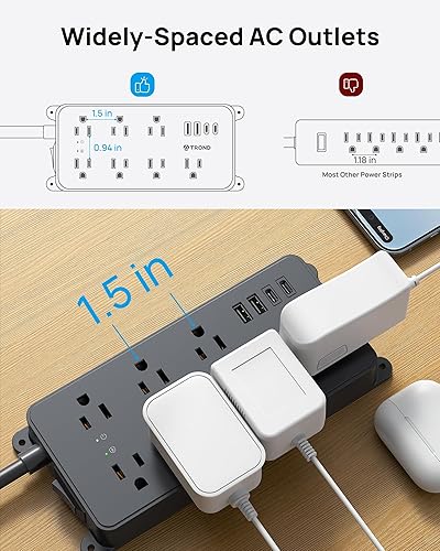 Miniatura 2 de TROND Regleta protectora de sobretensiones, 7 tomas de corriente ampliamente espaciadas con 3 puertos USB (1 USB C), certificación ETL, cable de