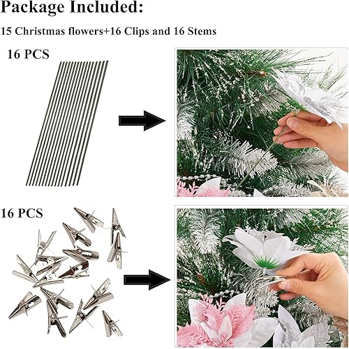 Miniatura 9 de 15 flores artificiales de Pascua de Navidad, adornos de árbol de Navidad de nochebuena con purpurina, flores de árbol de Navidad negras para