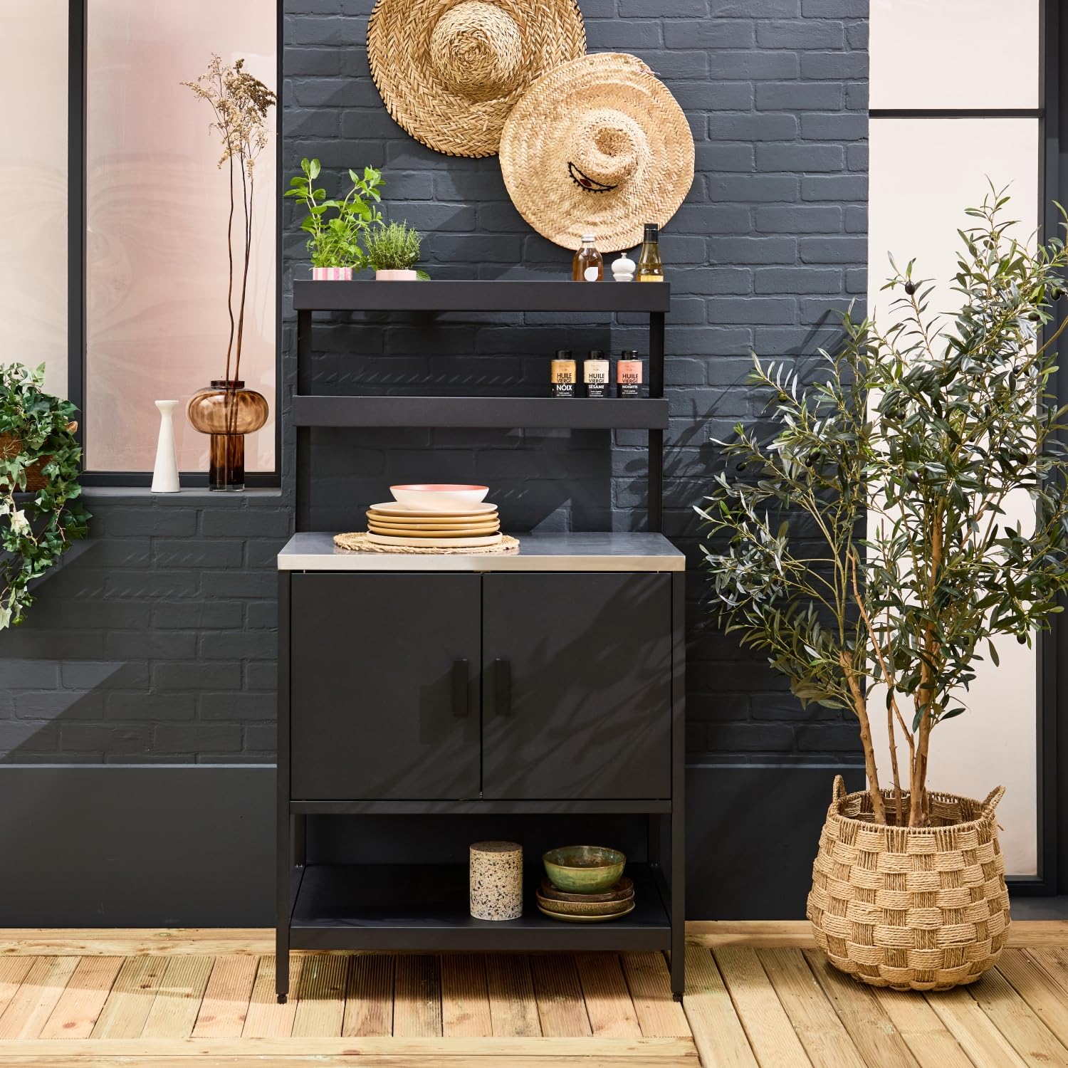 Cucina da esterno modulare in acciaio con 2 ripiani sospesi e 2 ante, 80cm, Naxos, Nero, 80x51x142 cm