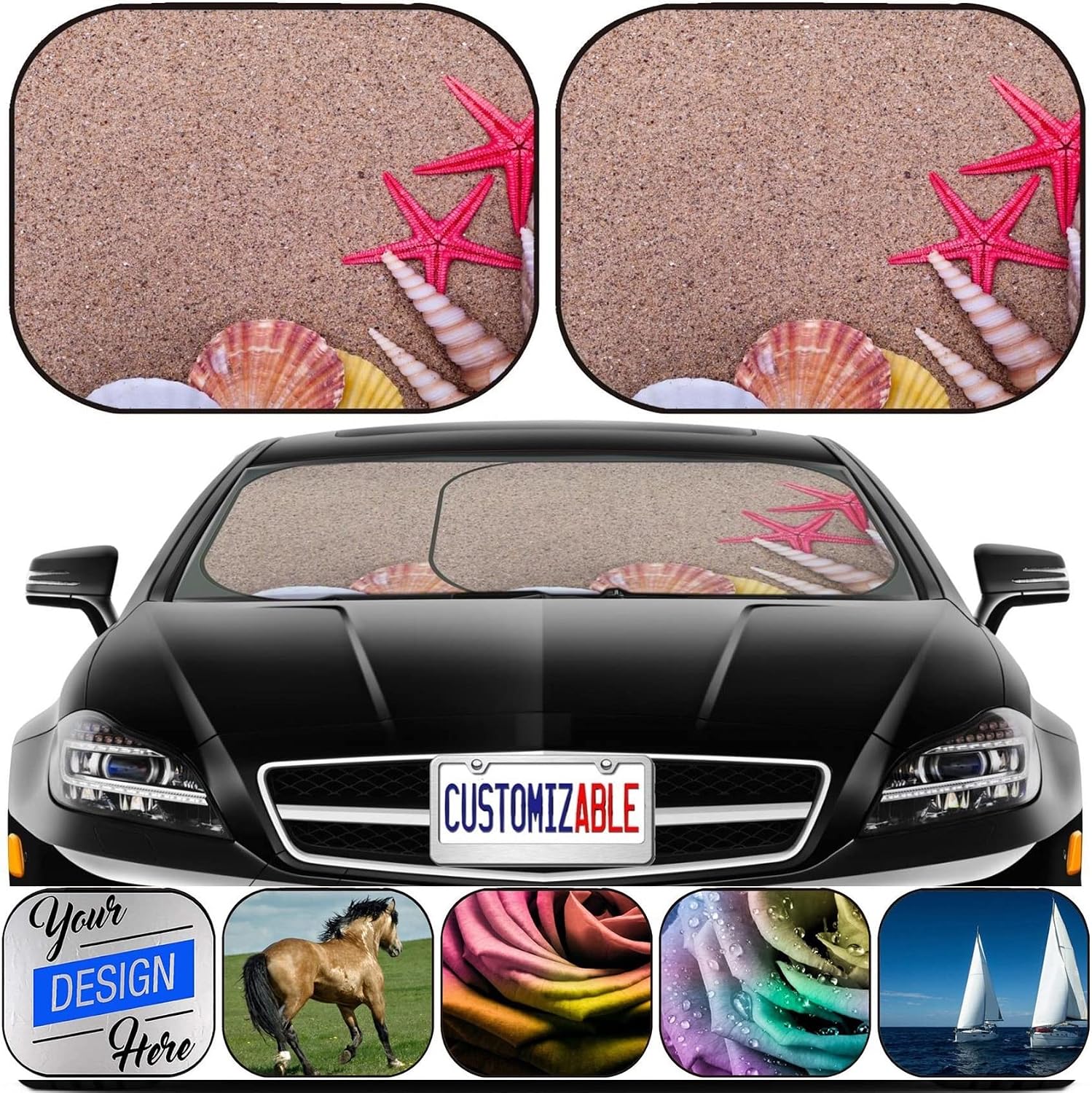 Maizi Windshield Shade 2 Pack Universal Fit Windshield Shades for Cars Fits Most Pickup, Sedan, Minivan, Mini Truck 10021519 Seashells and Starfish with Sand Printed in USA