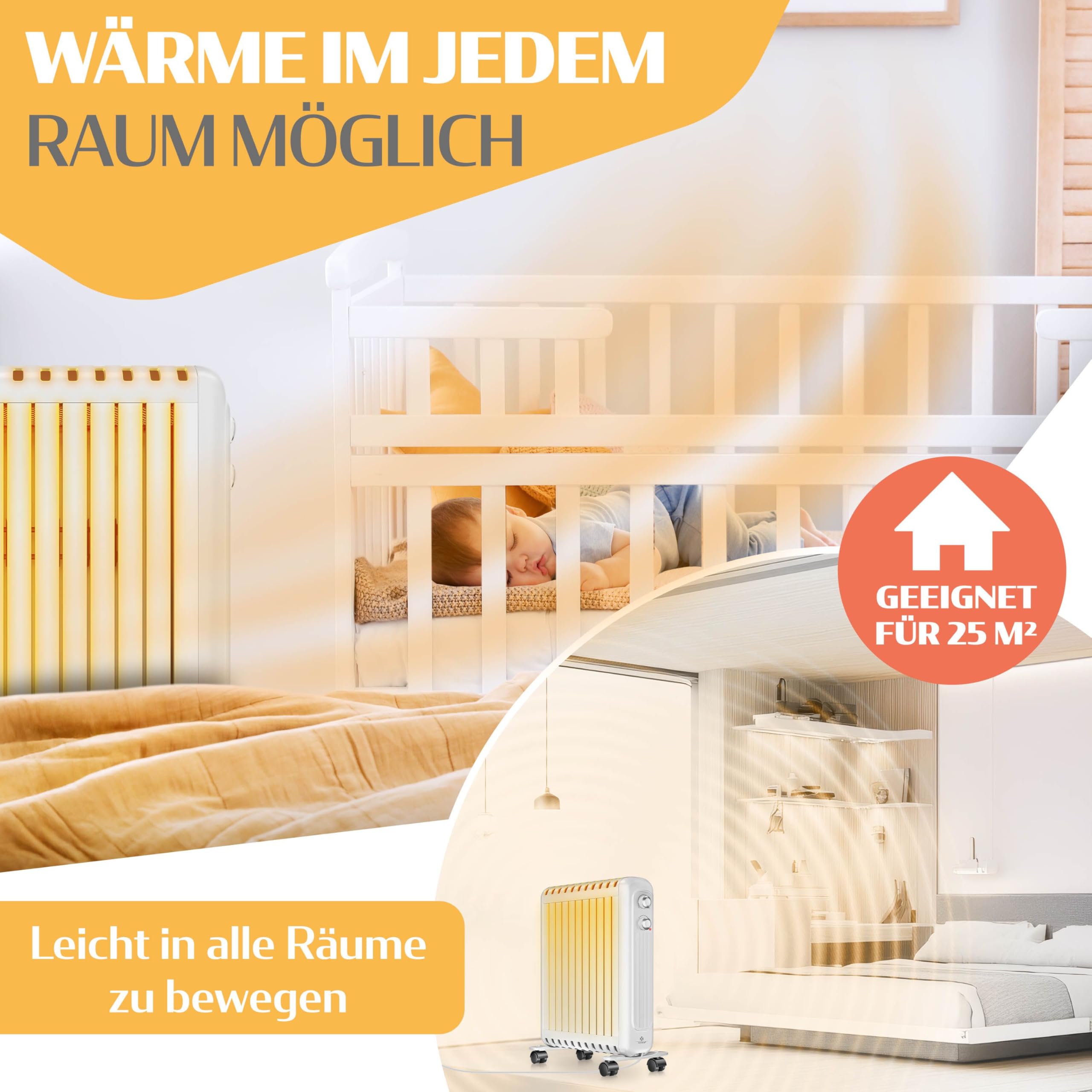 KESSER® Radiateur à huile économe en énergie - 2500 W - Thermostat - Chauffage soufflant rapide - Chauffage électrique rempli d'huile + 3 niveaux de chauffage - Boîtier de protection - Roulettes à 360