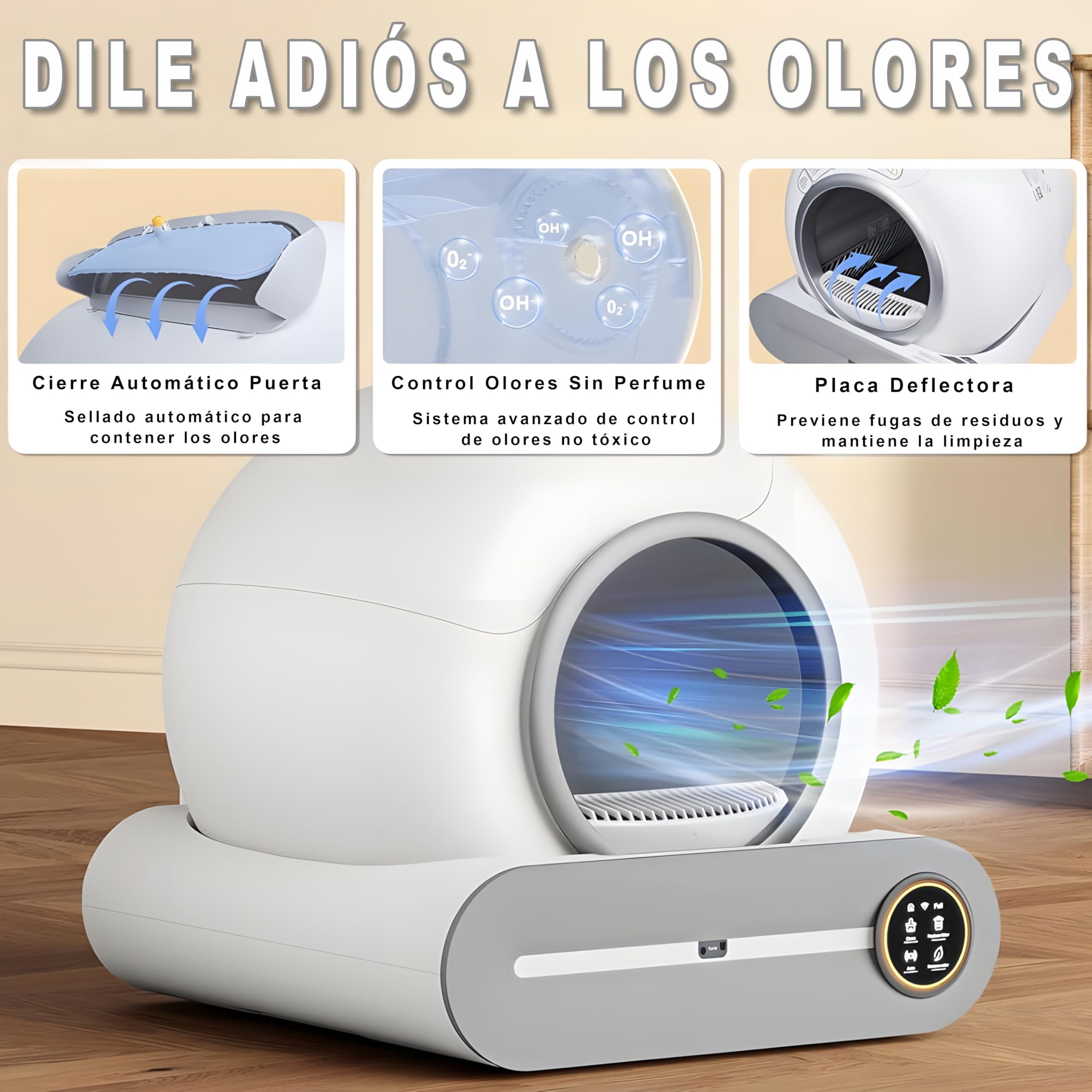 Arenero Gatos Autolimpiable, 74L Arenero Inteligente para Gato con Control App, Sin Fugas Orina, Eliminación de Olores con 5 Rollos Bolsas Basura y Tapetes Arena Gato para Varios Gatos (A)