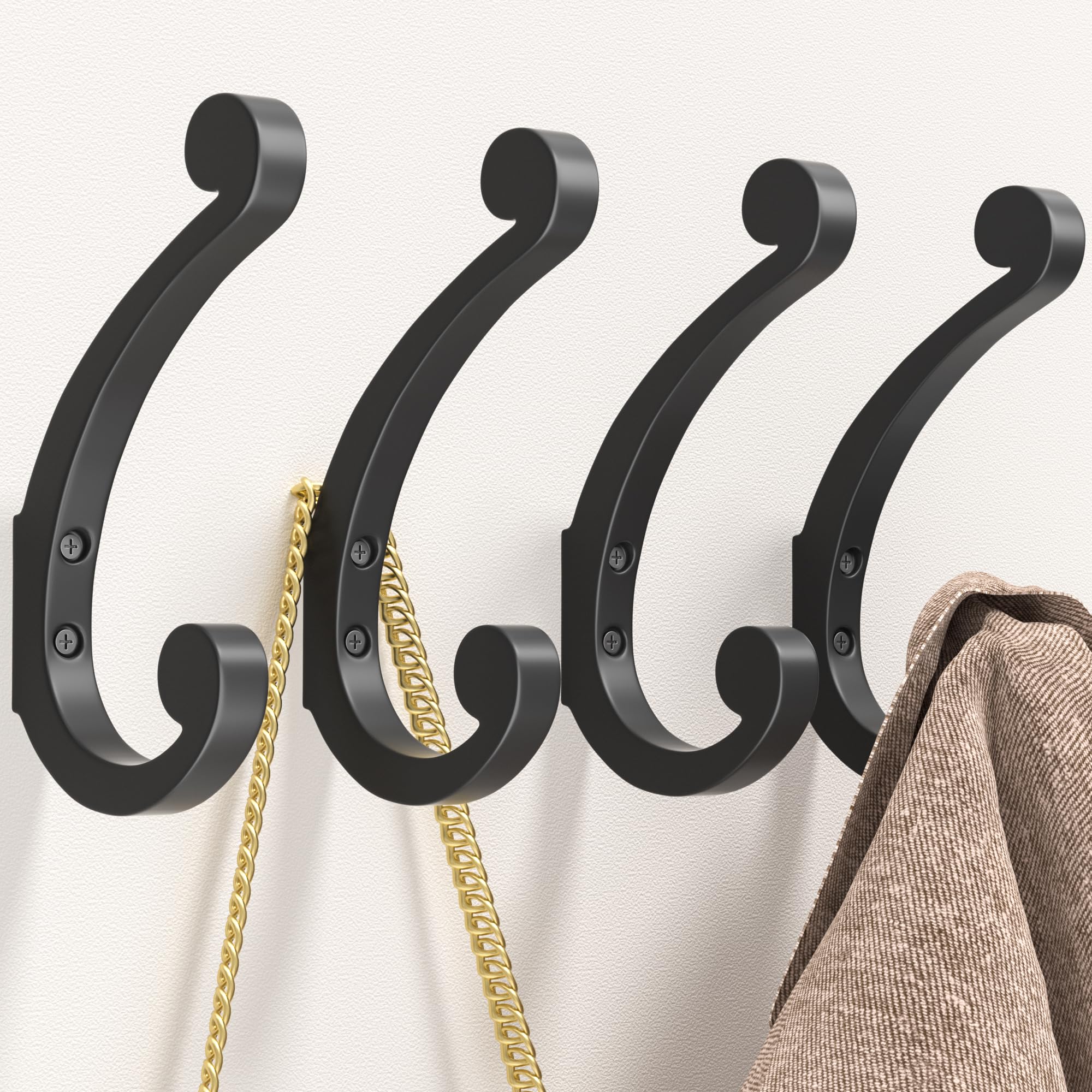 Josmimic Coat Hooks Wall Mount for Hanging - Black Large Retro Double Hooks with Screws, Heavy Duty Coat Hanger, Holder 40Lb, Coat Rack for Towels, Hats, Mug, Bags, Clothes, Purse, 4 Pack