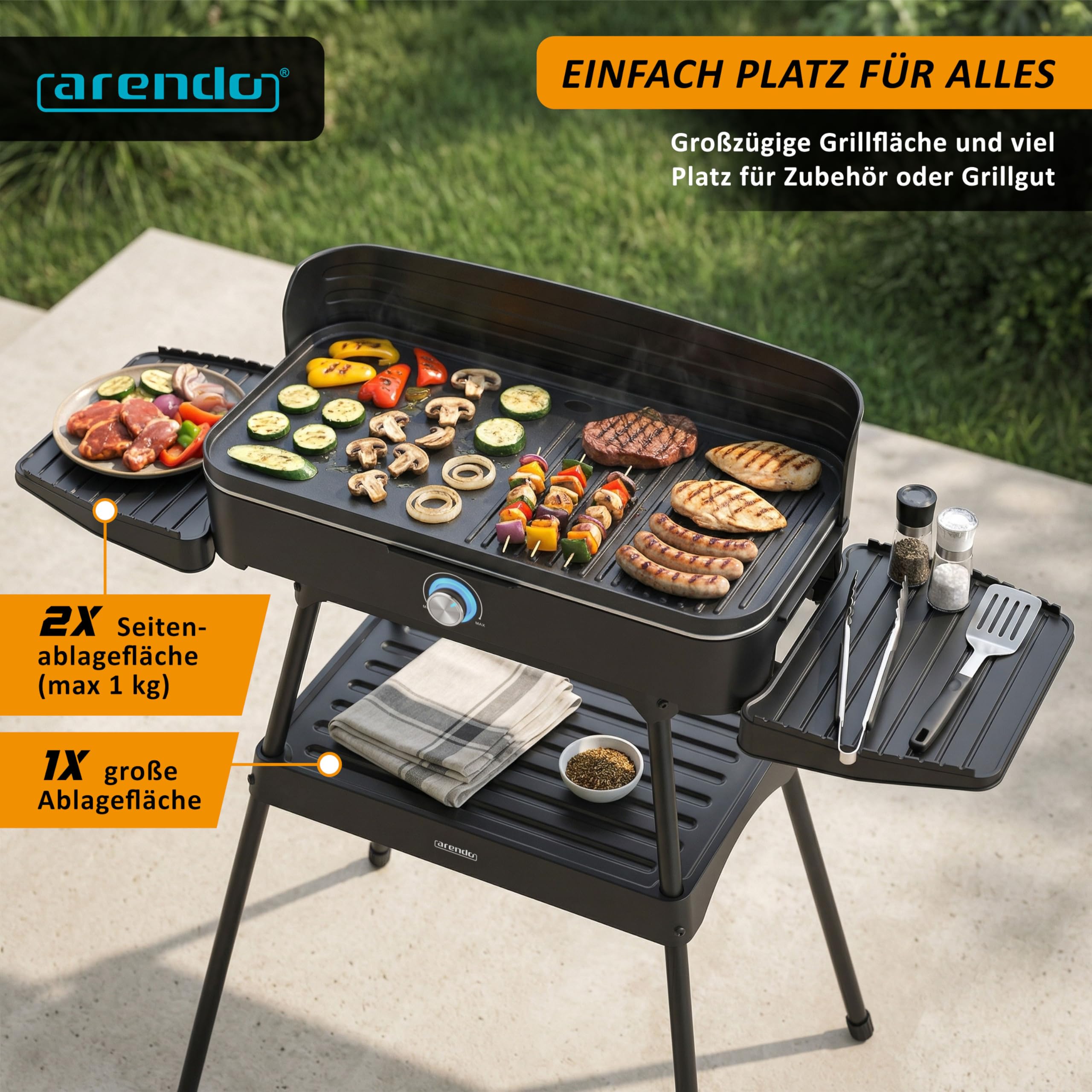 Arendo - Tischgrill Elektrogrill Edelstahl – 2200W Leistung – Gleichmäßige Temperaturverteilung – Geteilte Garflächen – Antihaft-Beschichtung – Standfuß mit Ablage – Spritzschutz – Für Balkon Terrasse
