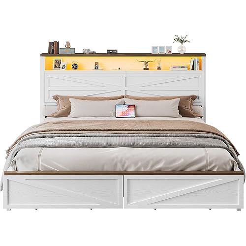 IRONCK Farmhouse King Size Bed Frame with LED Light and Charging Station, Wood Bed Frame with Storage Headboard and 2 Drawers， Barn Door Design, Sturdy and Noiseless, White
