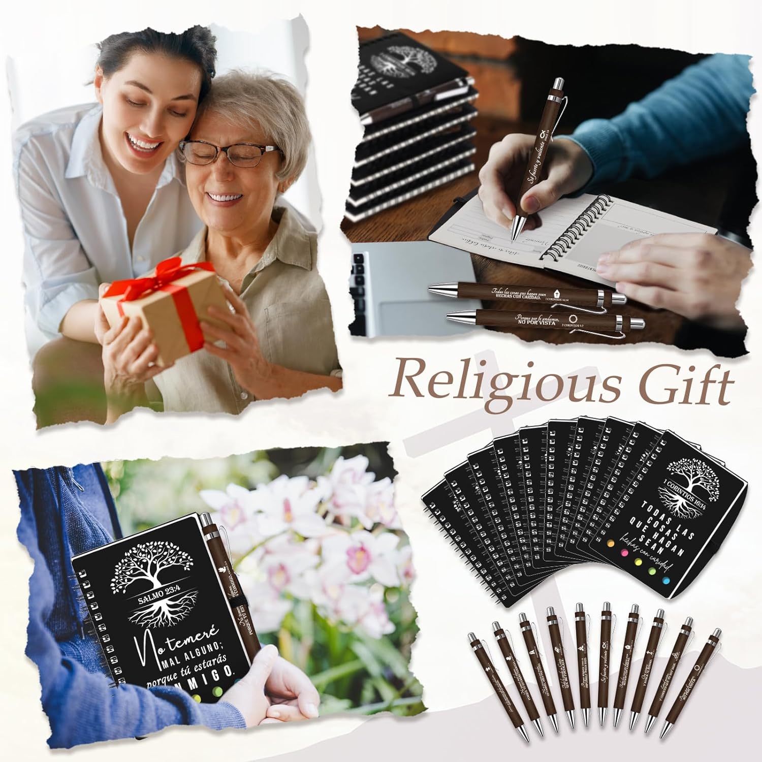 Kosiz 40 Pcs Spanish Christian Gift Bulk Church Spiral Notebook with Sticky Note Ballpoint Pen Tree of Life Bible Verse Prayer Journal Religious Women Men of God(Black,Special)