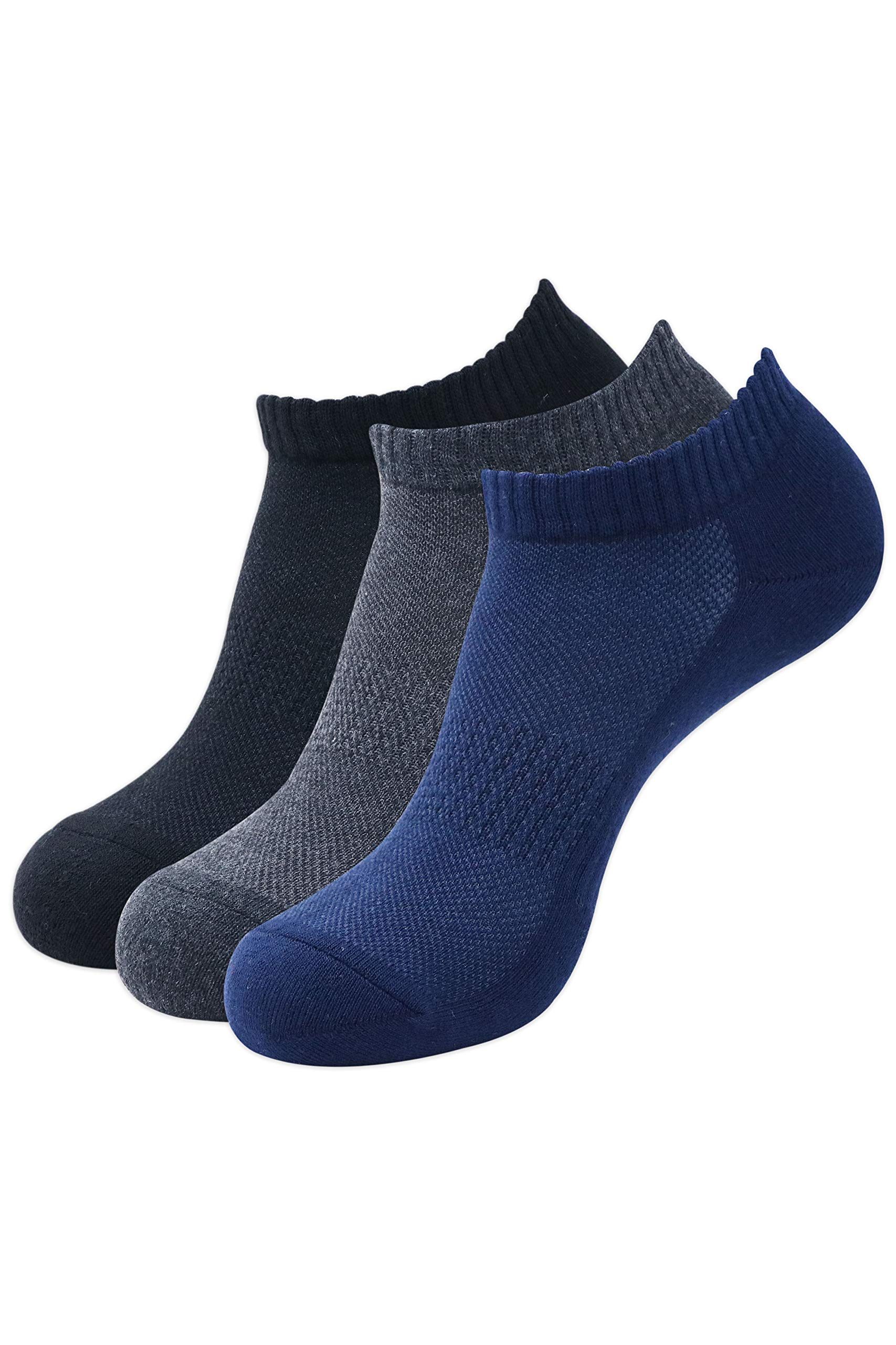 BALENZIA SocksXpress Men's Cotton Cushioned Solid Ankle Socks with Mesh Knit (Free Size) Pack of 3 (Black,Navy,D.Grey)