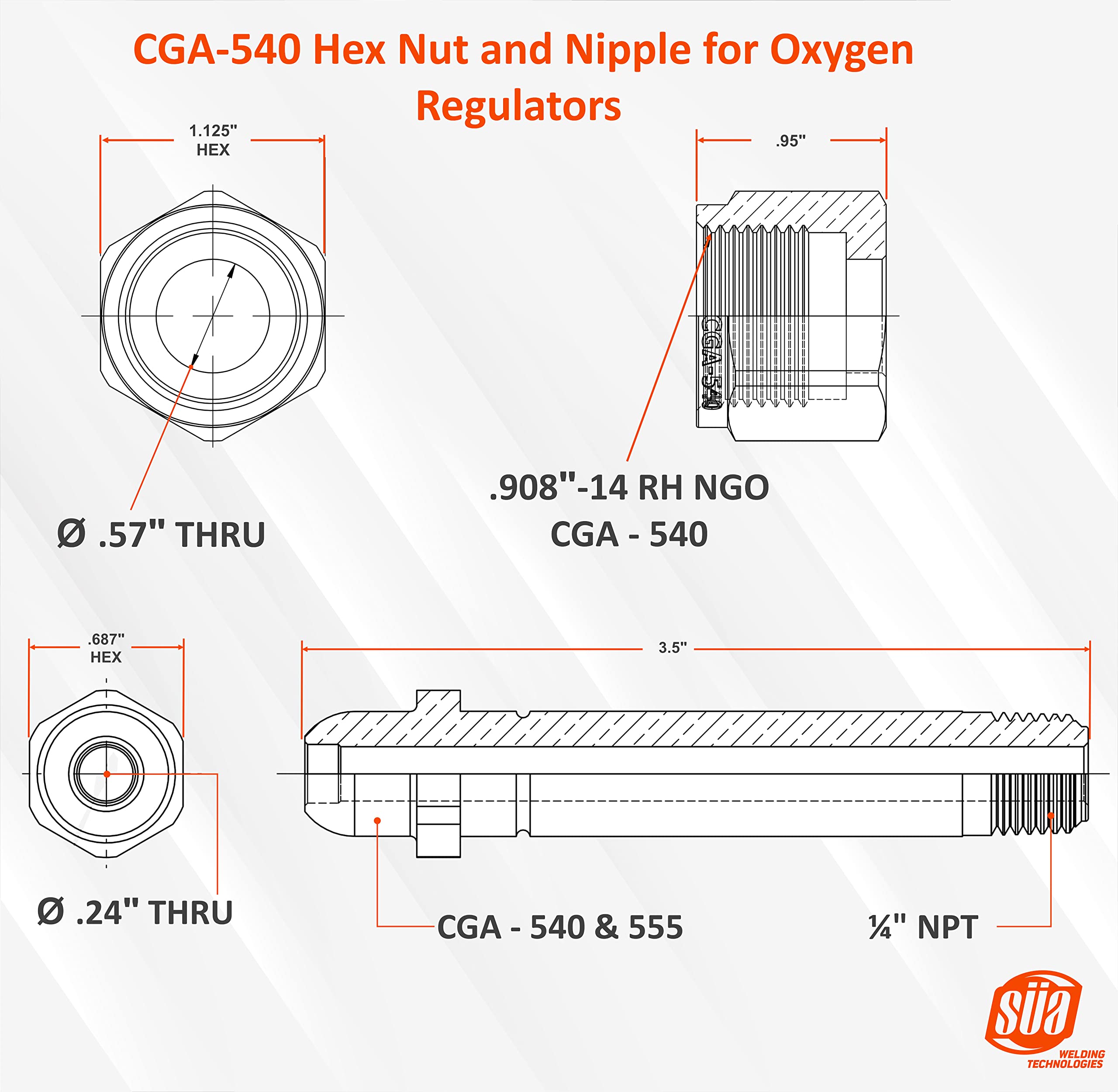 SÜA - Nut and Nipple replacement for Oxygen Regulators CGA-540 - Nipple length: 3-1/2'' - Regulator side thread: 1/4'' NPT - 3000 PSI