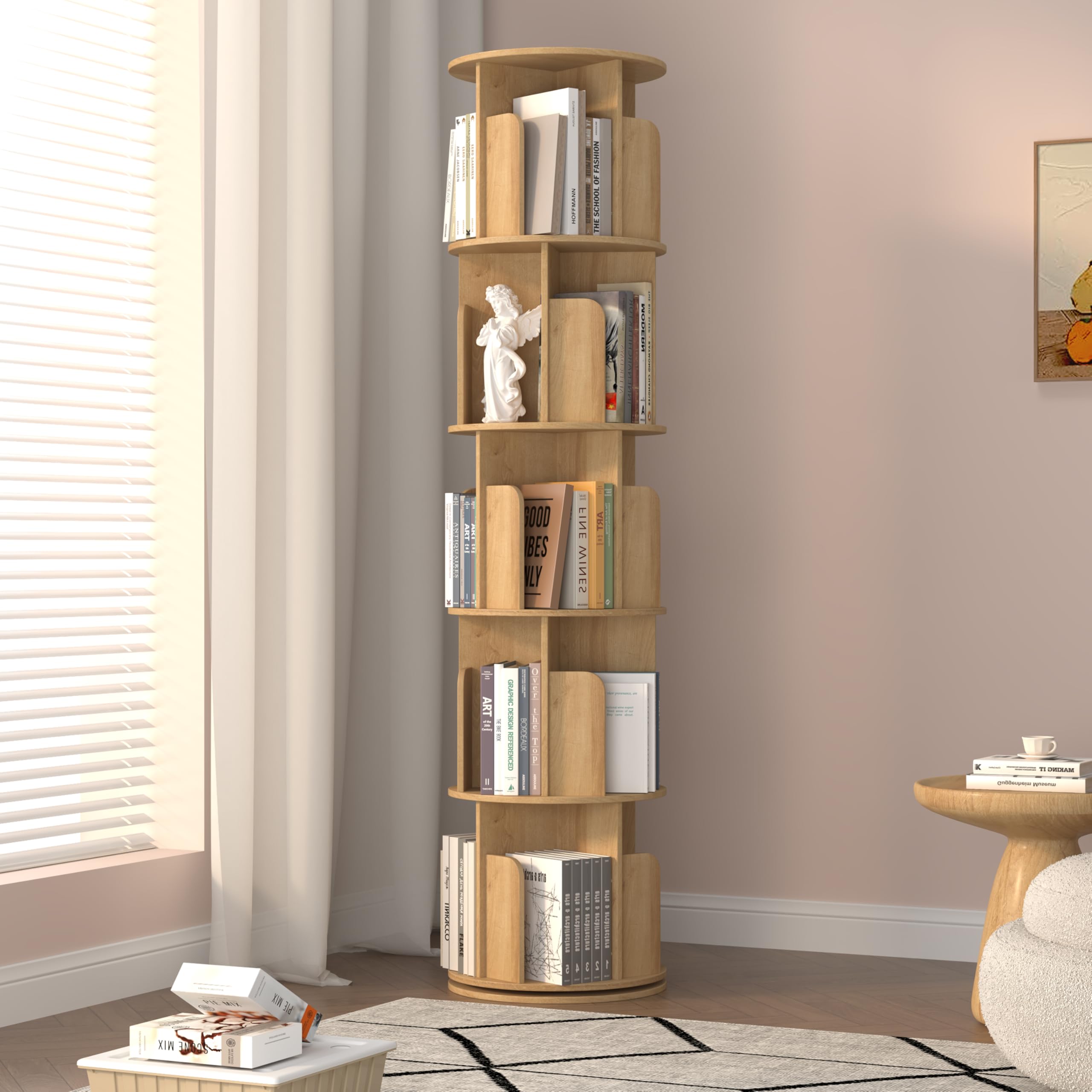 Bibliothèque Rotative Ronde 360° Pivotante, Étagère Livre à 5 Niveaux, Meuble de Rangement Moderne en Bois pour Salon, Chambre, Bureau, Chambre d'enfant, Chêne Naturel, 40 x 169 cm