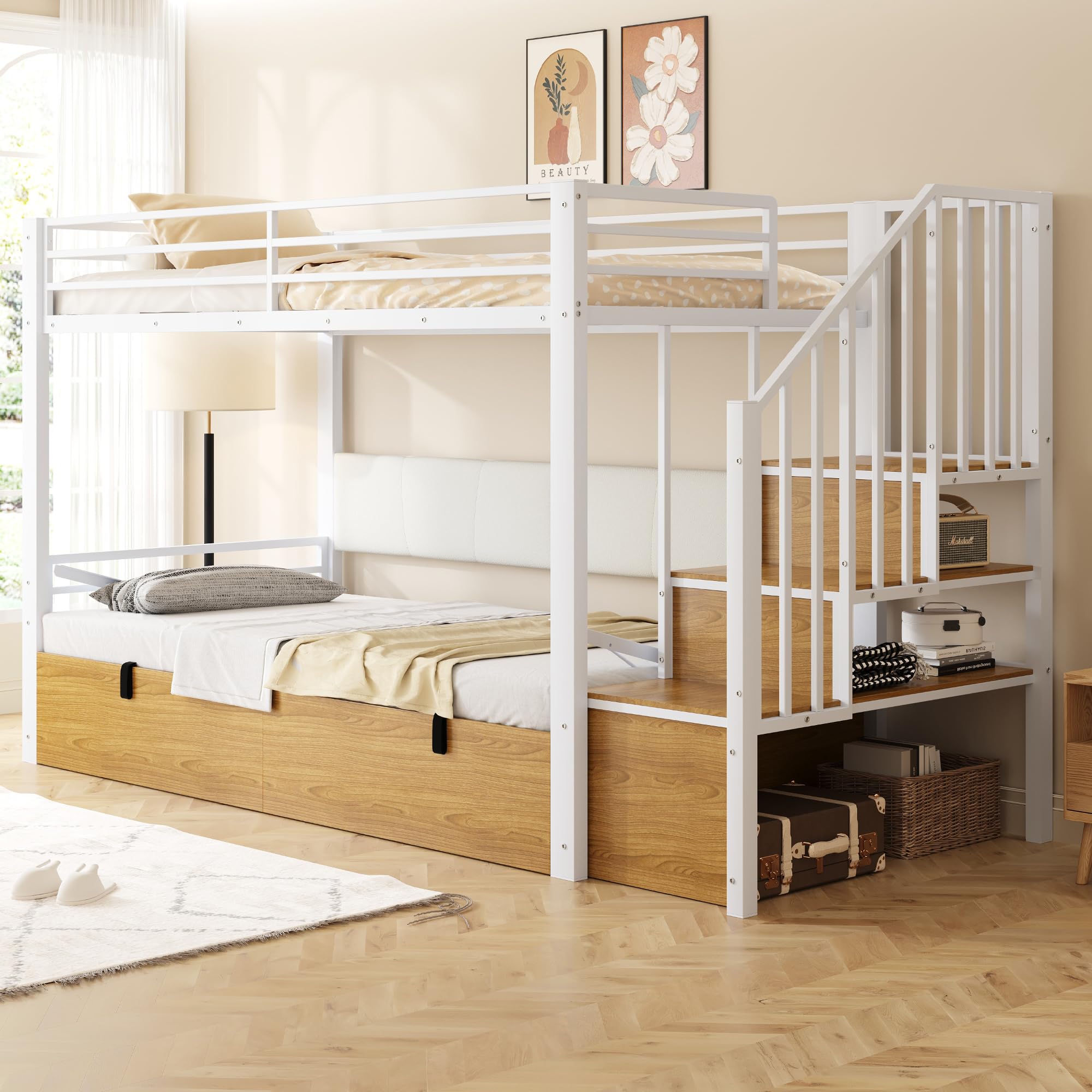Kinderbett Etagenbett 90x200, Hochbett mit Hydraulisch Stauraum und Treppe, Hausbett mit Rückenlehne aus PU, Metall Bett Bettgestell mit Lattenrost und Rausfallschutz, Ohne Matratze (Weiß)