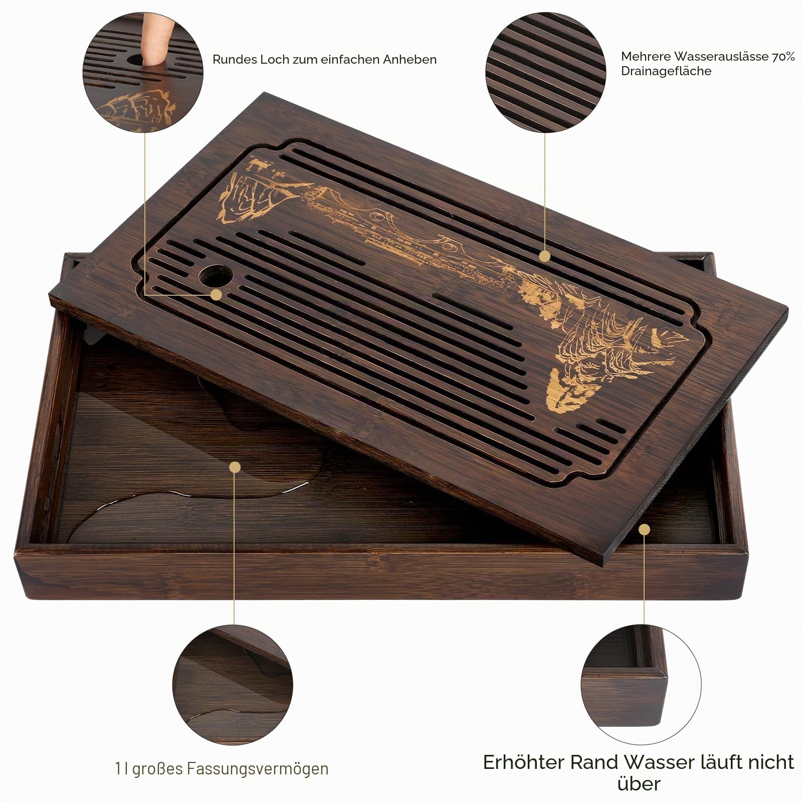 Jotsport Kung-Fu-Teetablett aus Bambus mit Wasserablauf für Gongfu-Teeset, chinesische Teezeremonie, Serviertisch-Set, 38,1 cm