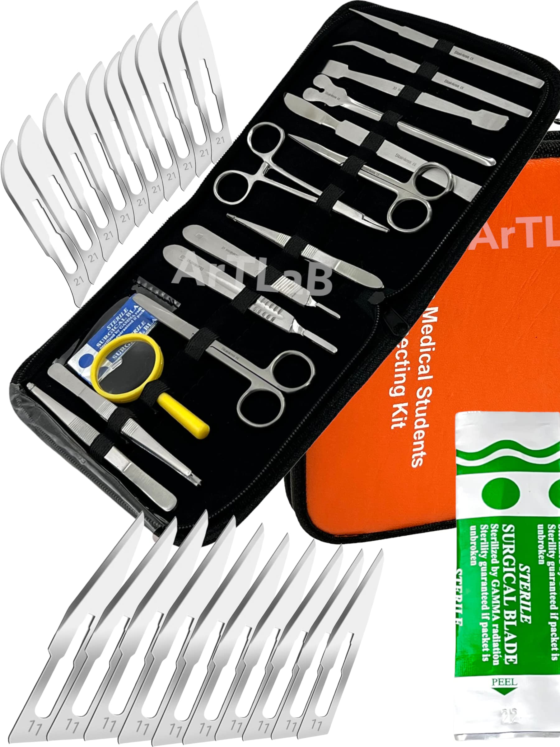 New Premium Stainless Steel Biology Lab/Anatomy/Medical Student Dissection Kit Set - Scalpel Knife Handle,Blades, Forceps, Scissors and Tweezers-