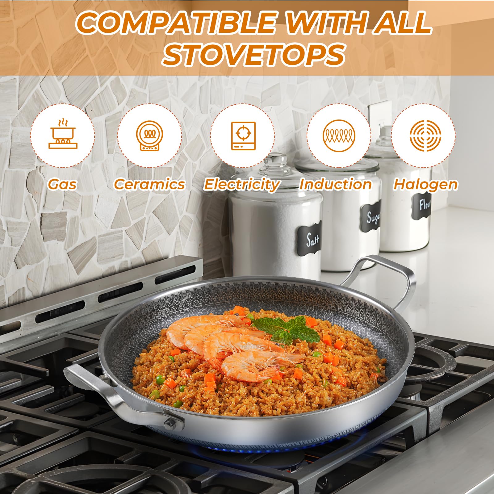 Cyrder Padella ibrida antiaderente in acciaio inox, grande wok antiaderente senza PFOA, lavabile in lavastoviglie, mantiene il freddo, funziona con piano cottura a induzione/ceramica/gas/stufa