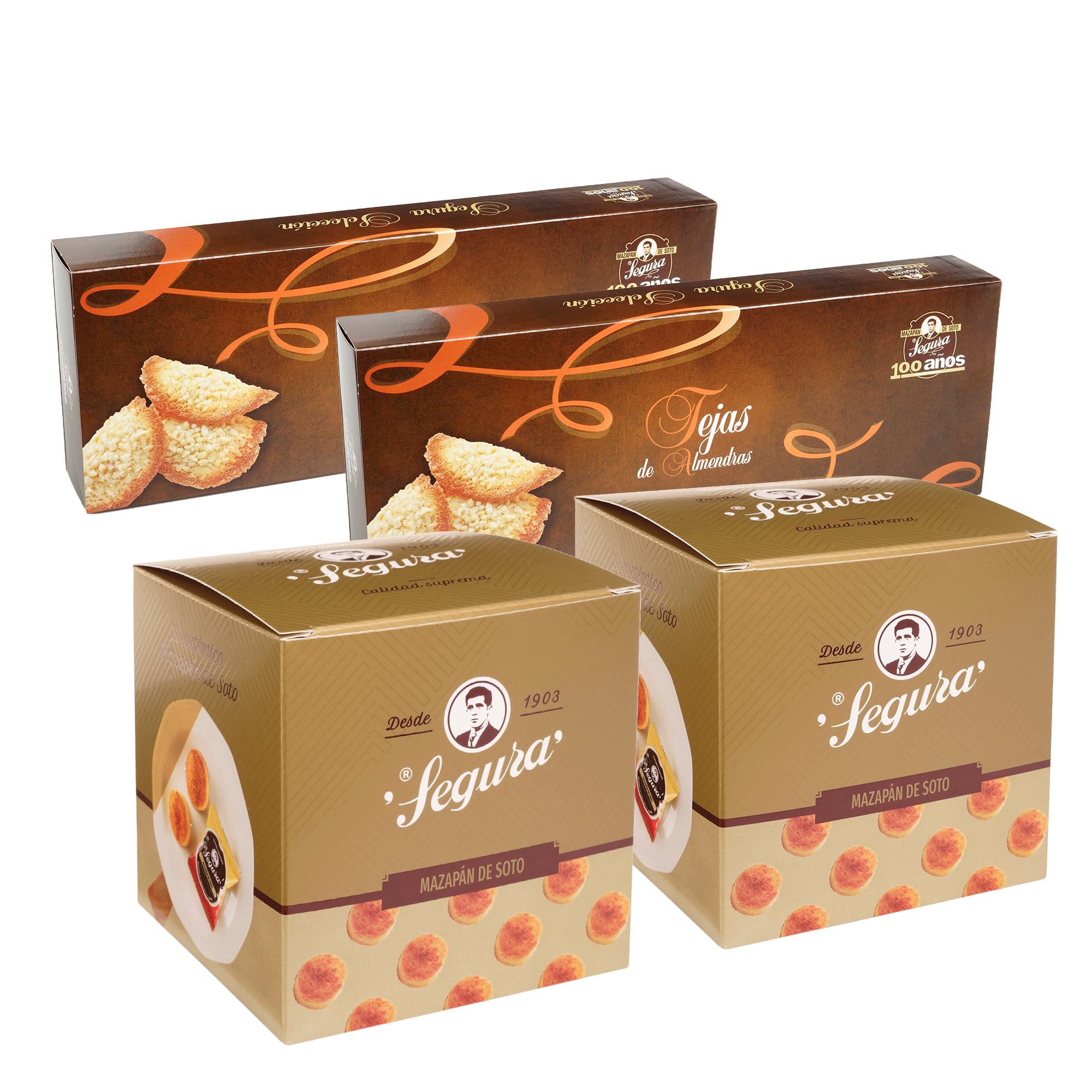 Mazapanes de Soto Segura Auténtico Mazapán de Soto y Tejas de Almendra - Pack 2 estuches de 400 gr de Mazapán y 2 estuches de Tejas de 100 gr