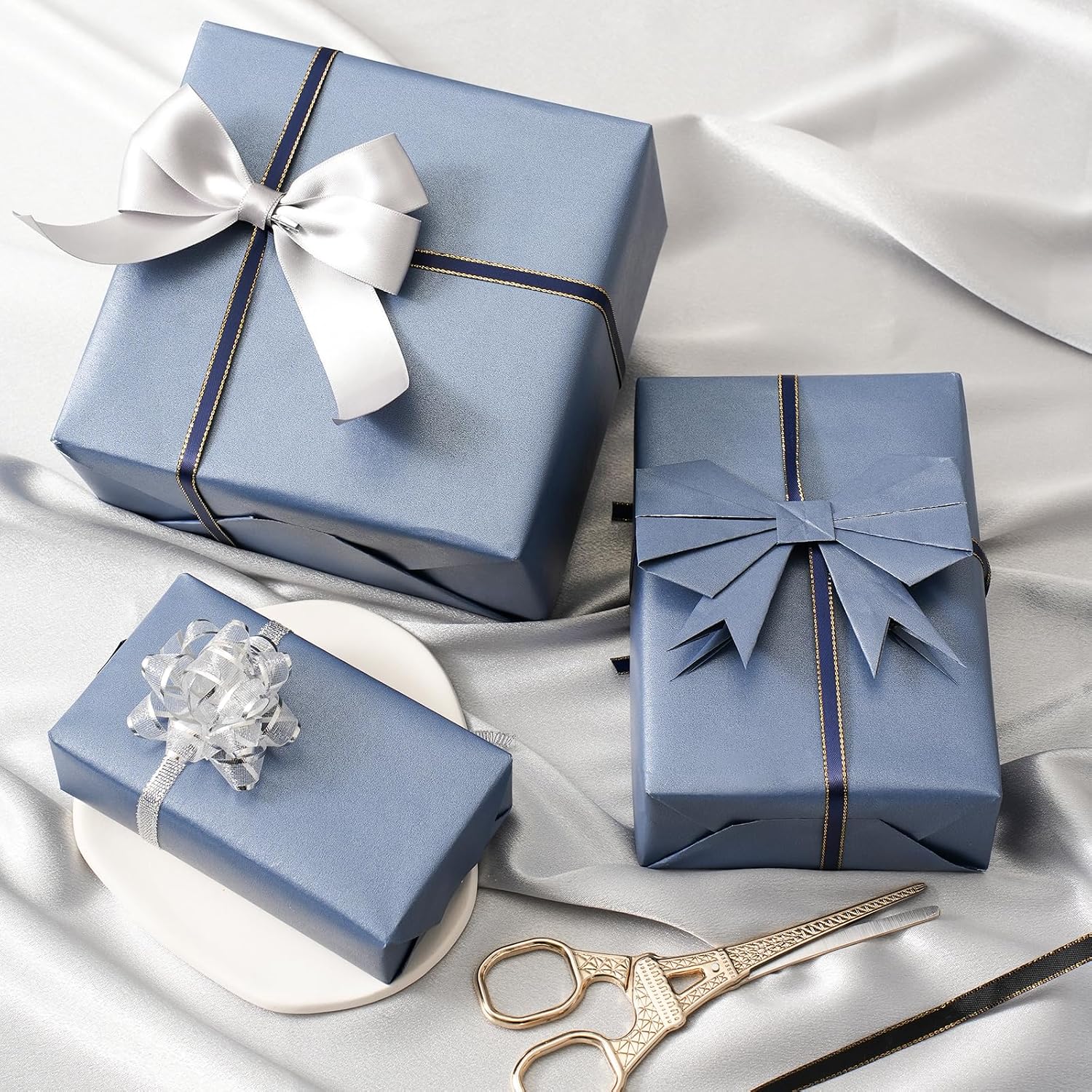Juertime Matte Navy Blue Wrapping Paper - Reversible Pearly-Lustre Gift Wrap Paper Perfect for Wedding, Valentine's Day, Birthday, Christmas, Father's Day - Mini Roll, 17 Inches X 32.8 Feet