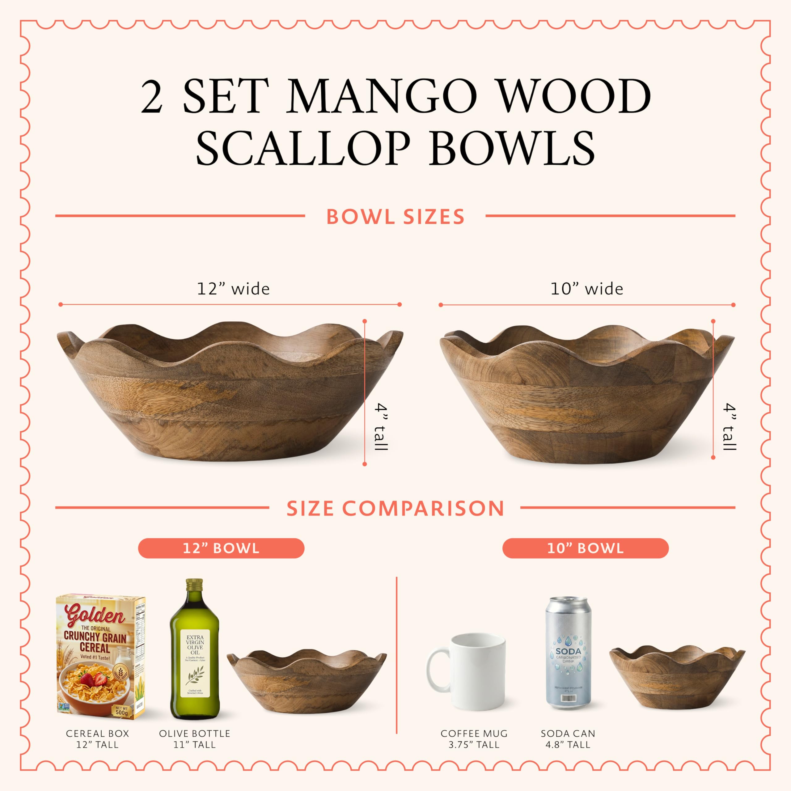 Mela Artisans Cuenco festoneado de madera – Juego de 2 grandes y medianos | Acabado de grano natural de madera de mango | Se adapta a pan, frutas, ensalada o palomitas de maíz | 12 x 4 x 12 pulgadas,