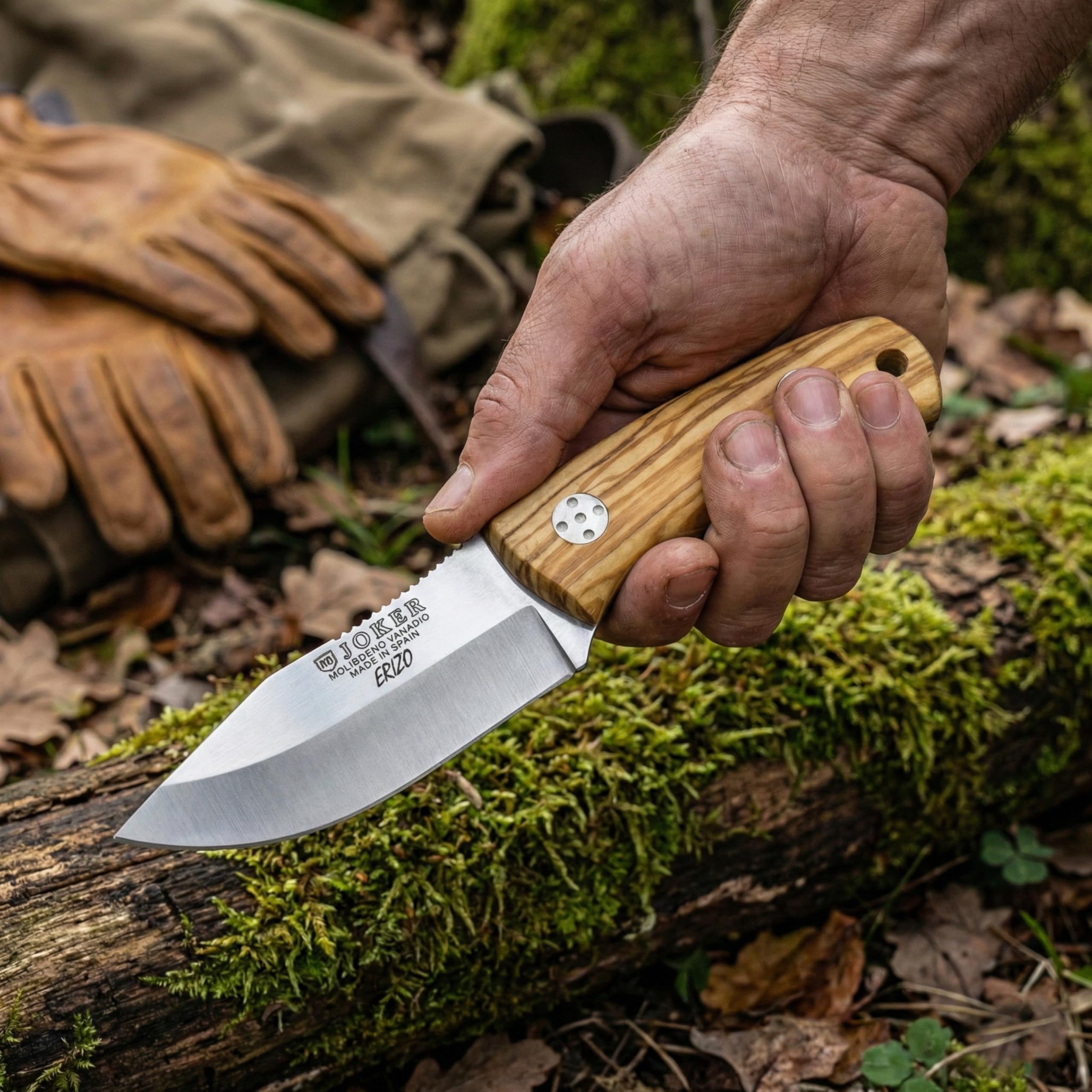 joker Coltello da caccia Riccio con Coltello Bushcraft in legno d'ulivo e lama in acciaio inox MOVA 7,5 cm, 130 grammi, CO75 per la pesca, la caccia, l'escursionismo, il campeggio