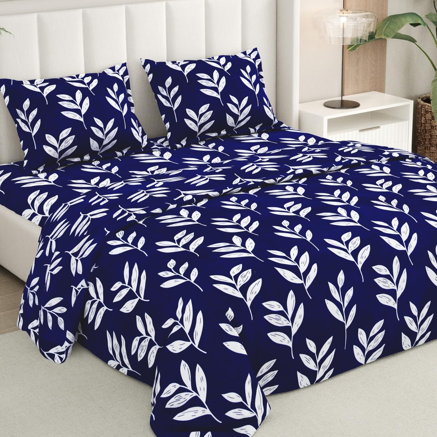 Rivermoor 200 TC Ultrasoft Bedsheet for Double Bed | Queen Size Bed Sheet with 2 Pillow Covers | Navy Floral Print | 88 x 96 Inches | Breathable & Hypoallergenic