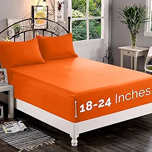 Elegant Comfort 1500 Premium Quality Fitted Sheet Ultra Soft 18-24 Inch Extra Deep Pocket - Single Fitted Sheet for High Mattress - Wrinkle Free with Smart Storage Pockets, California King, Orange