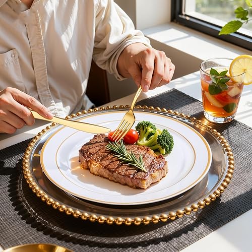 Miniatura 2 de Juego de vajilla dorada de 350 piezas para 50 invitados, platos de plástico dorado con cubiertos desechables que incluyen 50 platos de cena, 50