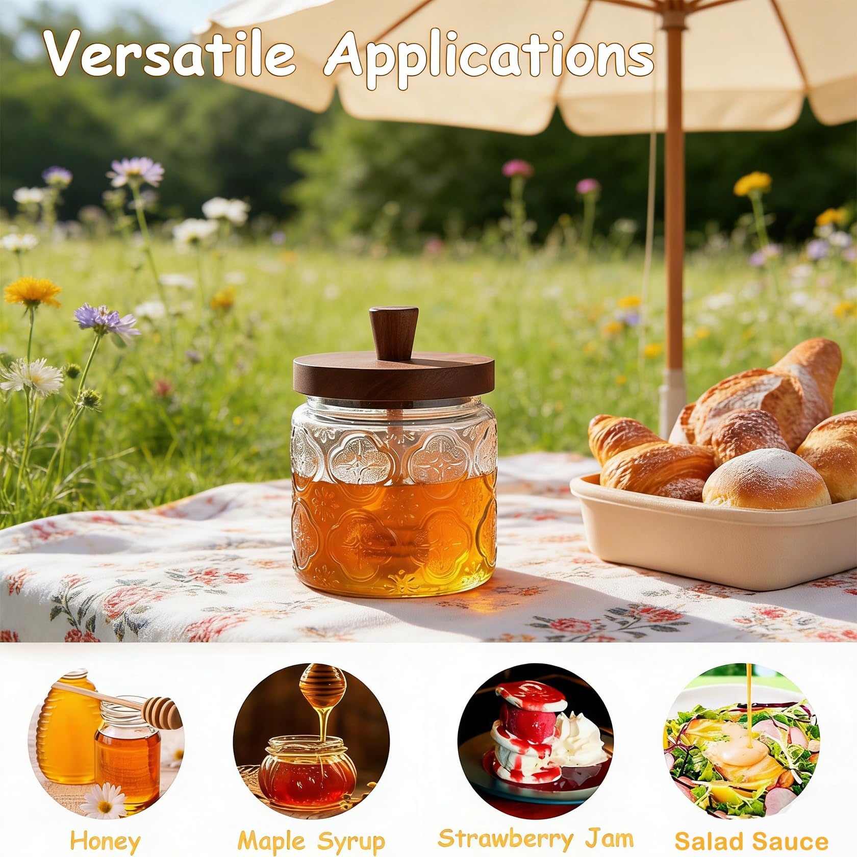 Bicchiere da miele con coperchio in legno, dispenser per miele in vetro con coperchio a chiusura ermetica per cucina e tavolo da colazione, contenitore per miele trasparente con cucchiaio di