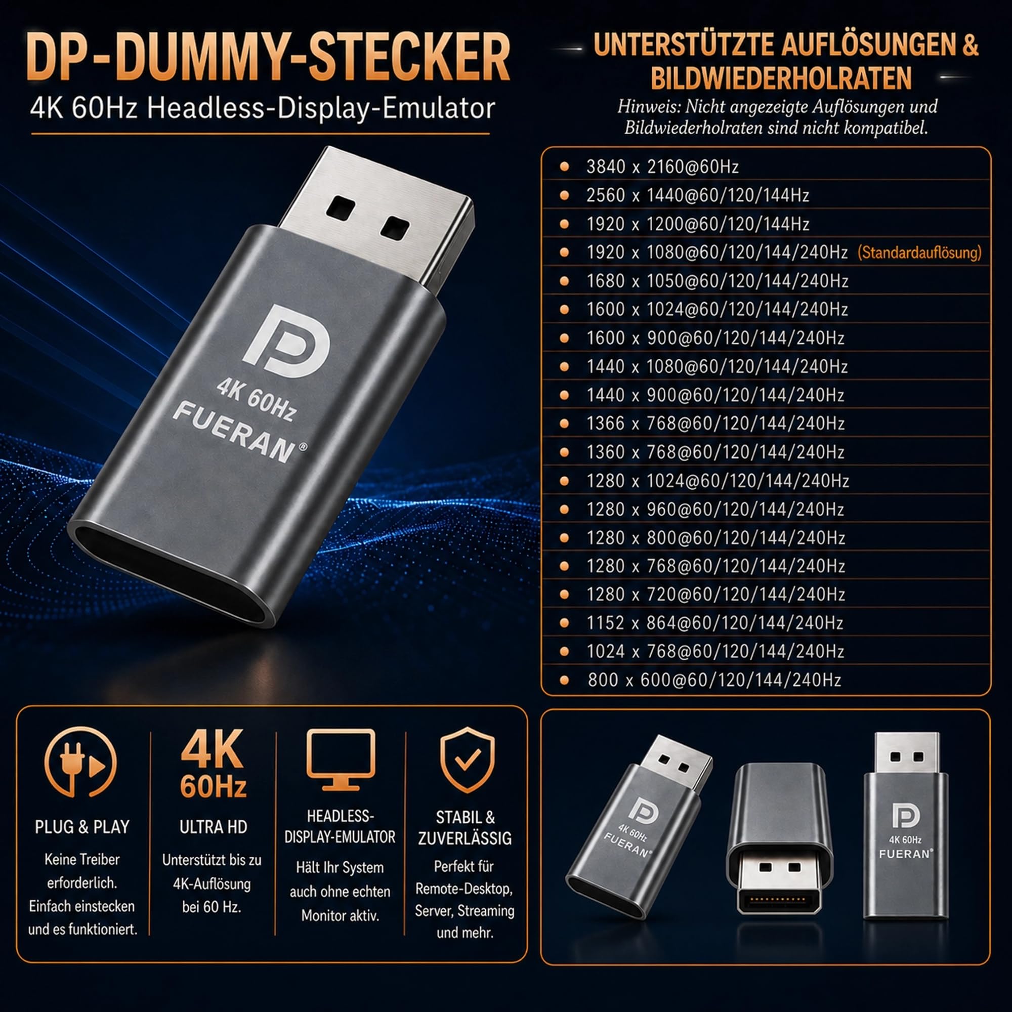 4K60Hz DP Dummy Plug,3840x2160@60Hz 1440P@120/144Hz 1080P@120/144/240Hz Virtual Display Emulator,displayport Dummy Plug,Headless Ghost Display Adapter, EDID Monitor (Grey, 1Pack)