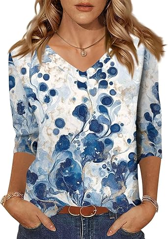 HTHLVMD Womens 3/4 Length Sleeve Tunic Tops Summer Fall Outfits 2025 Three Quarter Sleeve Casual V Neck T Shirts for Women