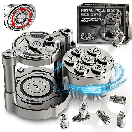 Metal Dice Set for DND with Spinning Revolver Cylinder Container, Polyhedral Bullet Dice Set of 7, Cyberpunk Style Dice for D&D, Warhammer 40K, Sci-Fi, War, or Crime Theme Tabletop Games