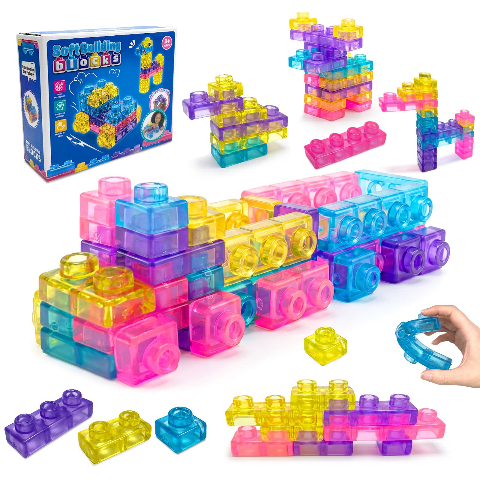 Blocchi da Costruzione Sensoriali, 40 Pezzi Jelly Blocchi, Gioco Espandibili, Morbidi e Flessibili, Giochi Sensoriali