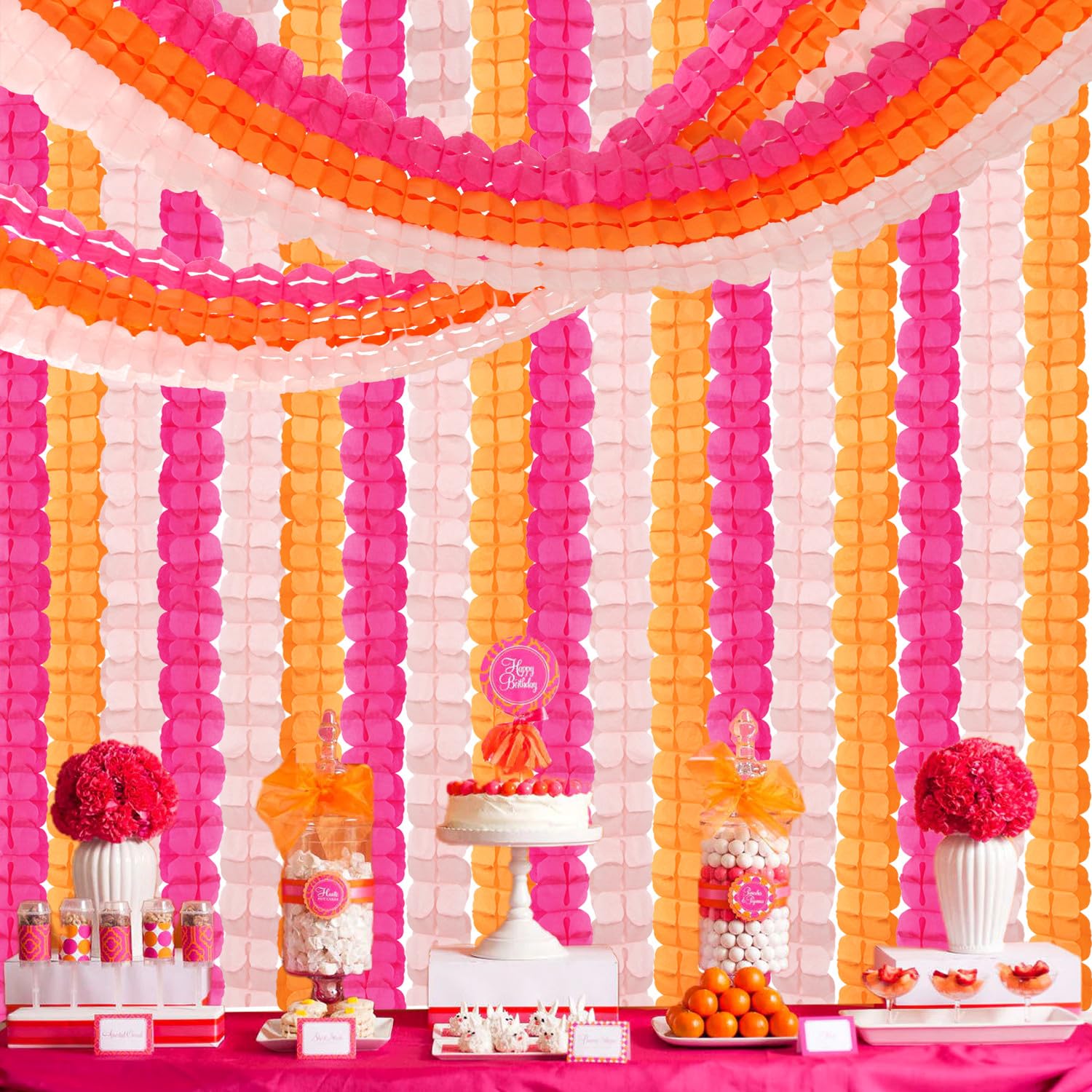 Party-Dekorationen in Hot Pink, gebranntes Orange, 12 Stück, Luftschlangen, Girlande, Geburtstag, Babyparty, 4-blättriges Kleeblatt, Papierbanner, Sonnenuntergang, Herbst, Erntedankfest, Braut,