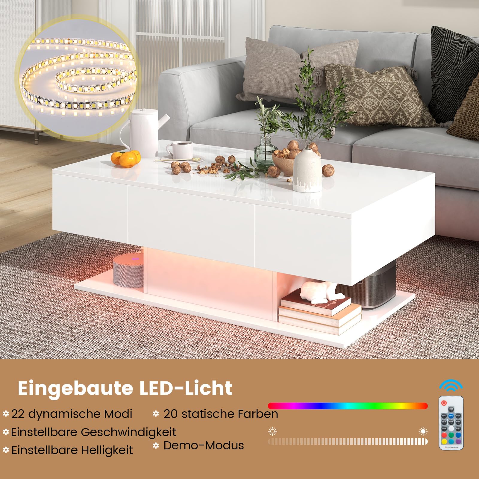 COSTWAY Couchtisch mit LED Beleuchtung, Hochglanz, 20 Farben | Helligkeit einstellbar, Wohnzimmertisch mit 2 Schubladen, Kaffeetisch für Wohnzimmer, inkl. Fernbedienung, 110x60x40 cm (Weiß)