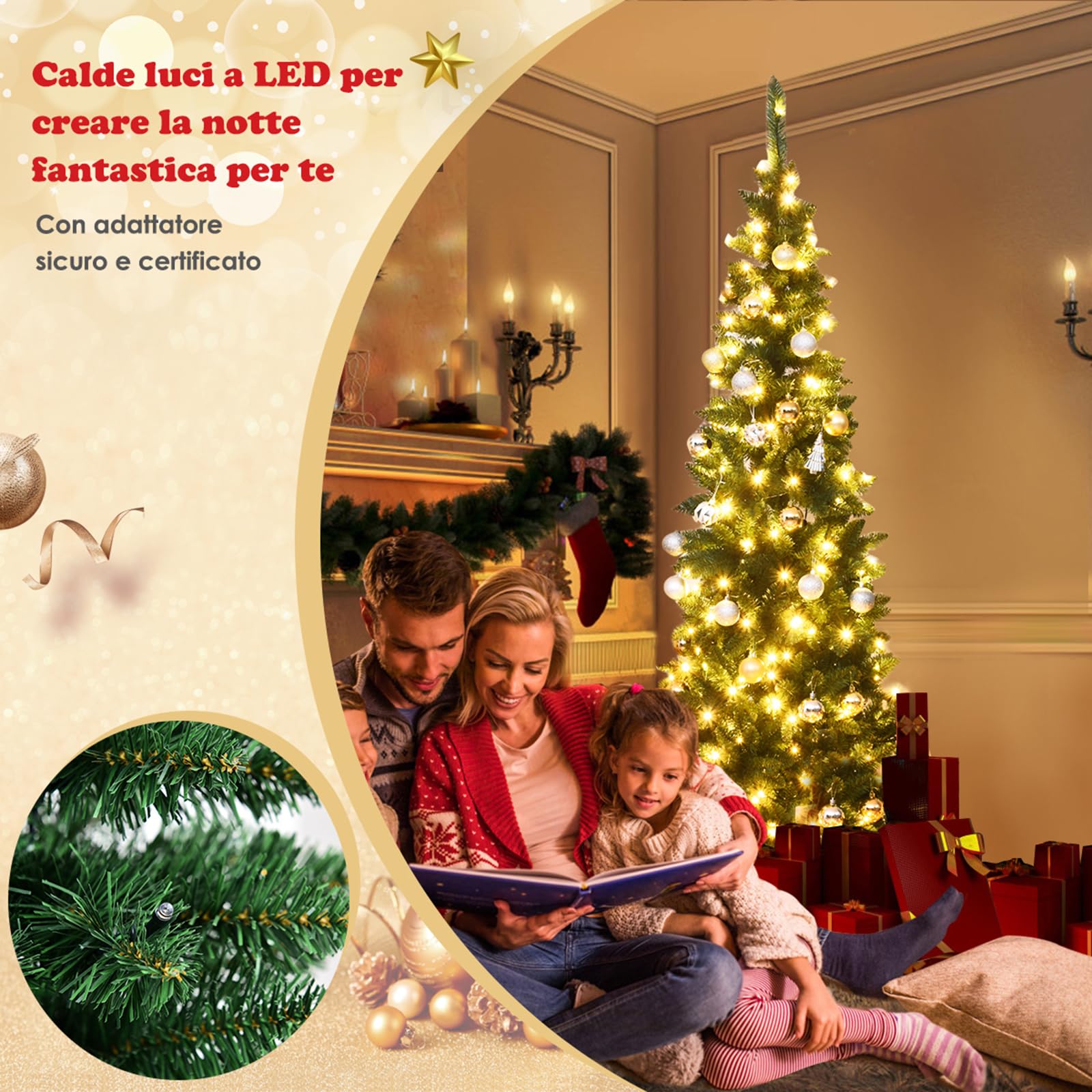 COSTWAY Albero di Natale 135/200/225 cm, Albero di Natale Slim con 150/250/350 Luci a LED Calde, 226/708/1085 Rami Folti e Base di Metallo, Ideale per Casa, Ufficio e Negozio (200 cm)