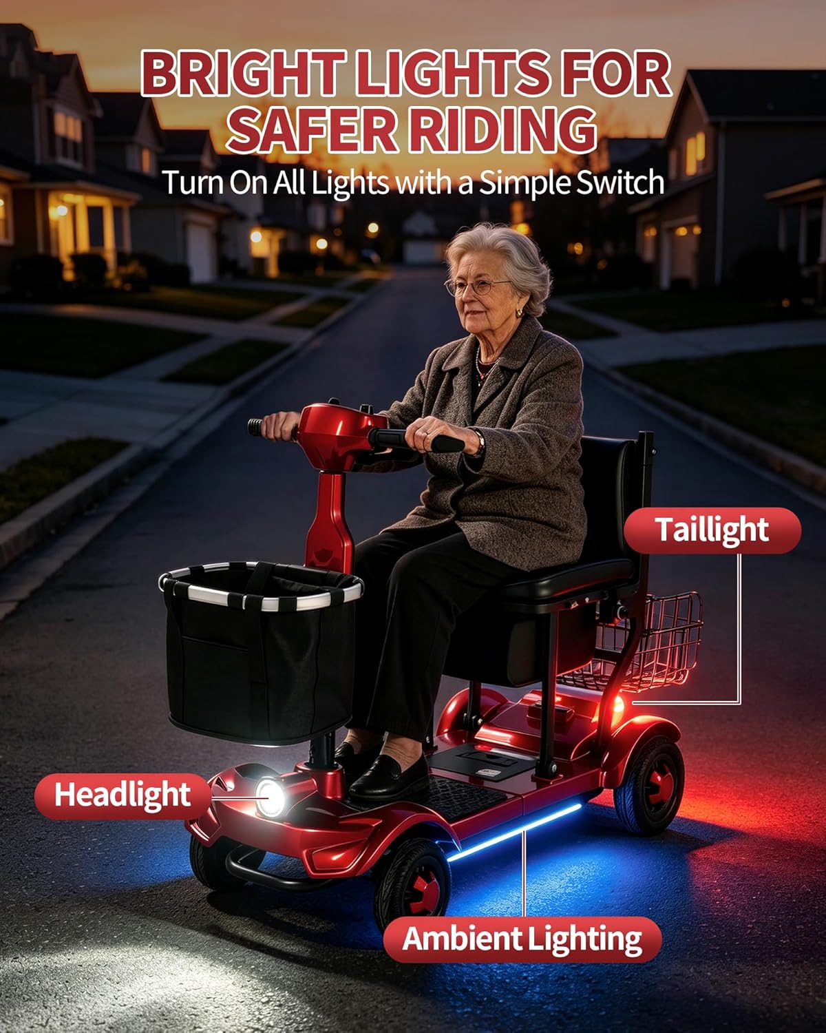 Scooter being driven at night with its headlight, taillight, and ambient lighting illuminated