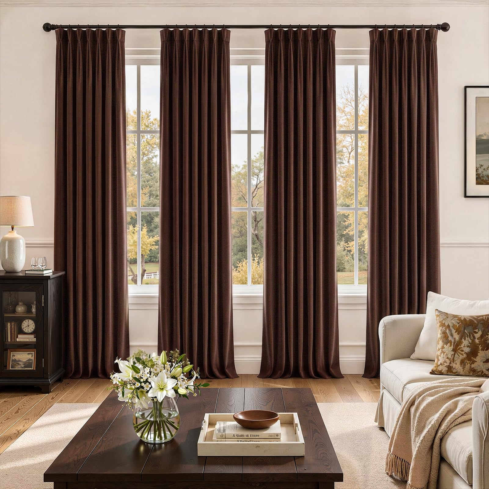 Topfinel Brown Pinch Pleated Velvet Curtains 84 Inches Long 4 Panels Set